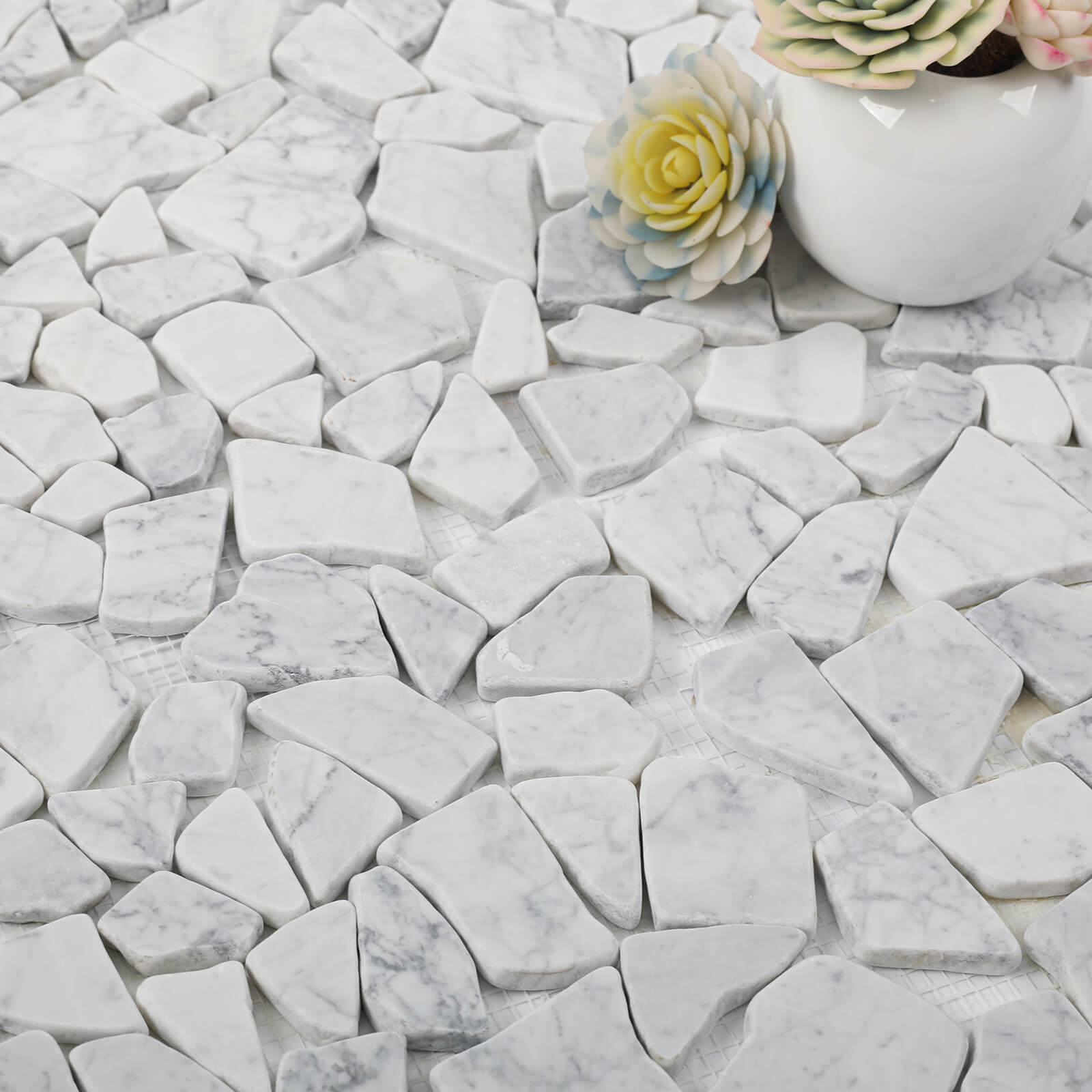Diflart Stone Pebble Tile for Shower Floor, Carrara White Random, 4 Sheets