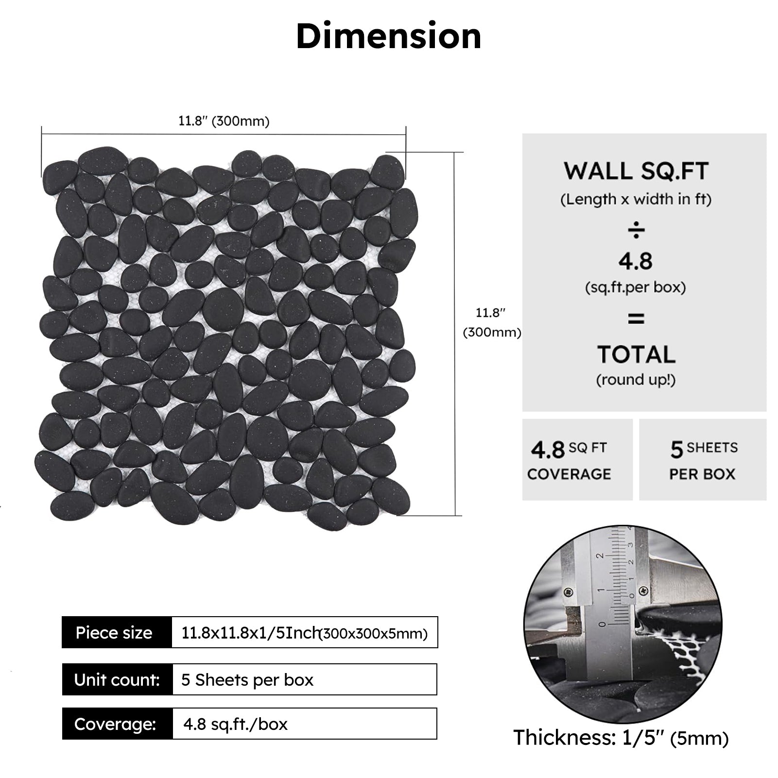 Diflart Pebble Tile for Shower Floor, Black, 5 Sq.ft, Pebble Backsplash for Kitchen Bathroom Wall and Floor Tile