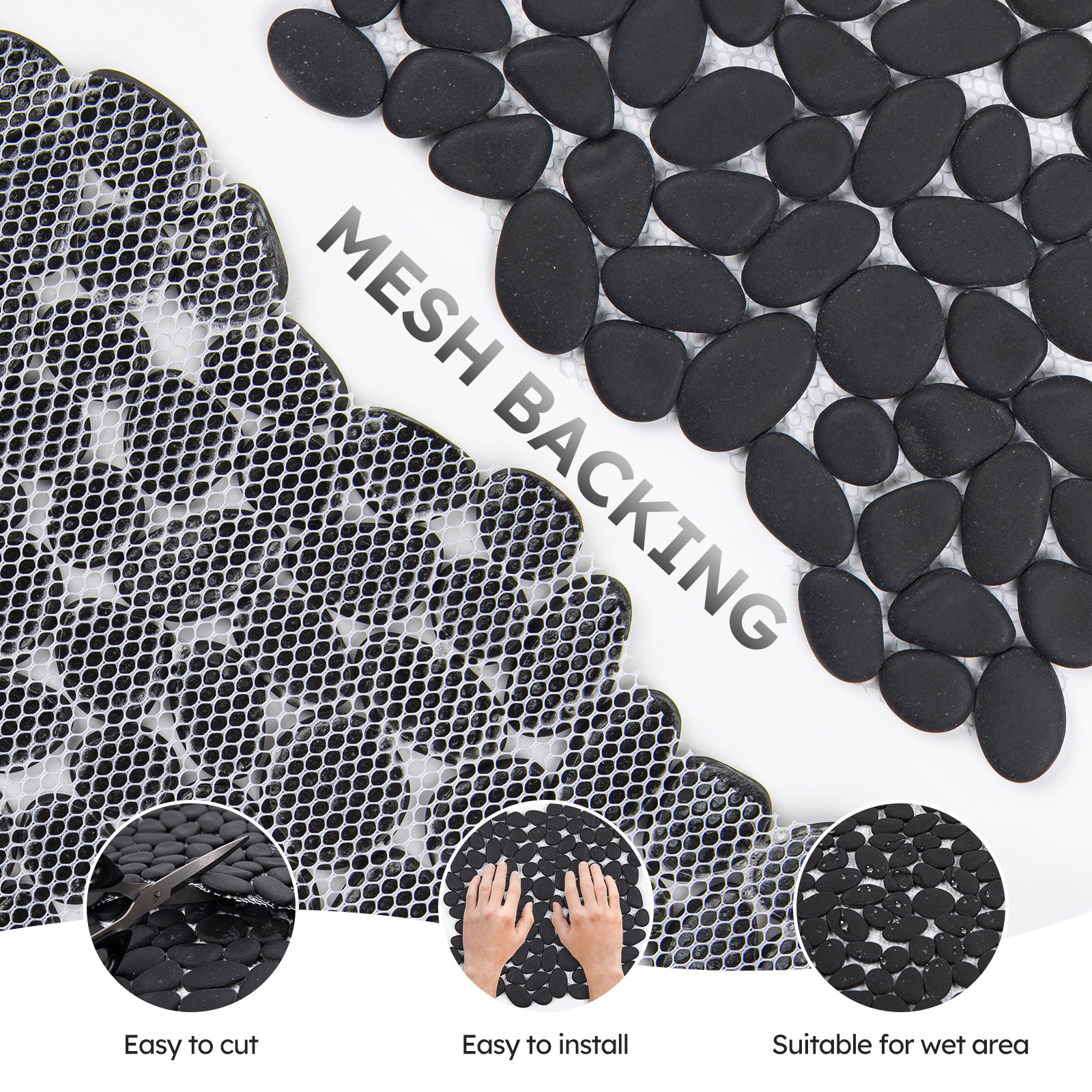 Diflart Pebble Tile for Shower Floor, Black, 5 Sq.ft, Pebble Backsplash for Kitchen Bathroom Wall and Floor Tile