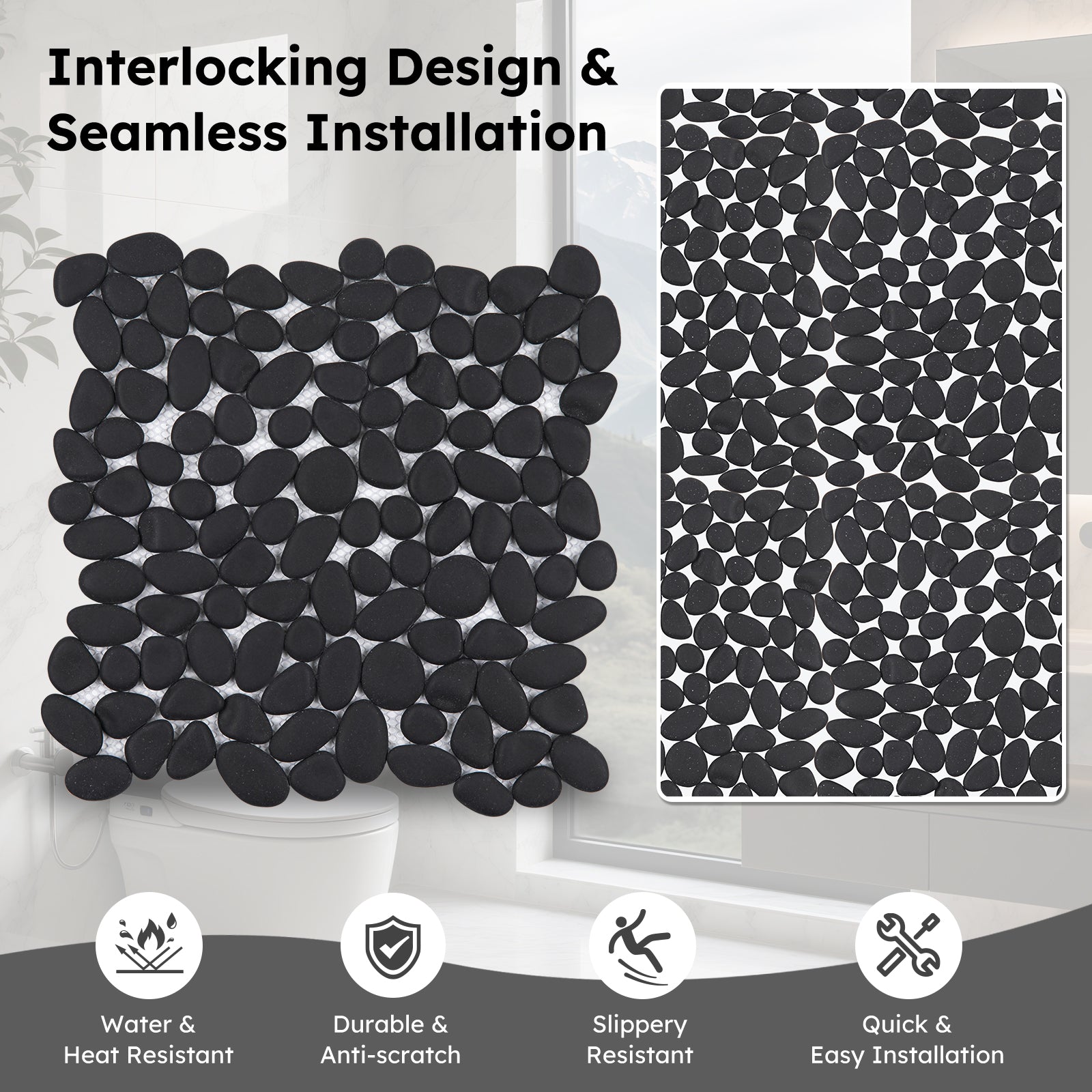 Diflart Pebble Tile for Shower Floor, Black, 5 Sq.ft, Pebble Backsplash for Kitchen Bathroom Wall and Floor Tile