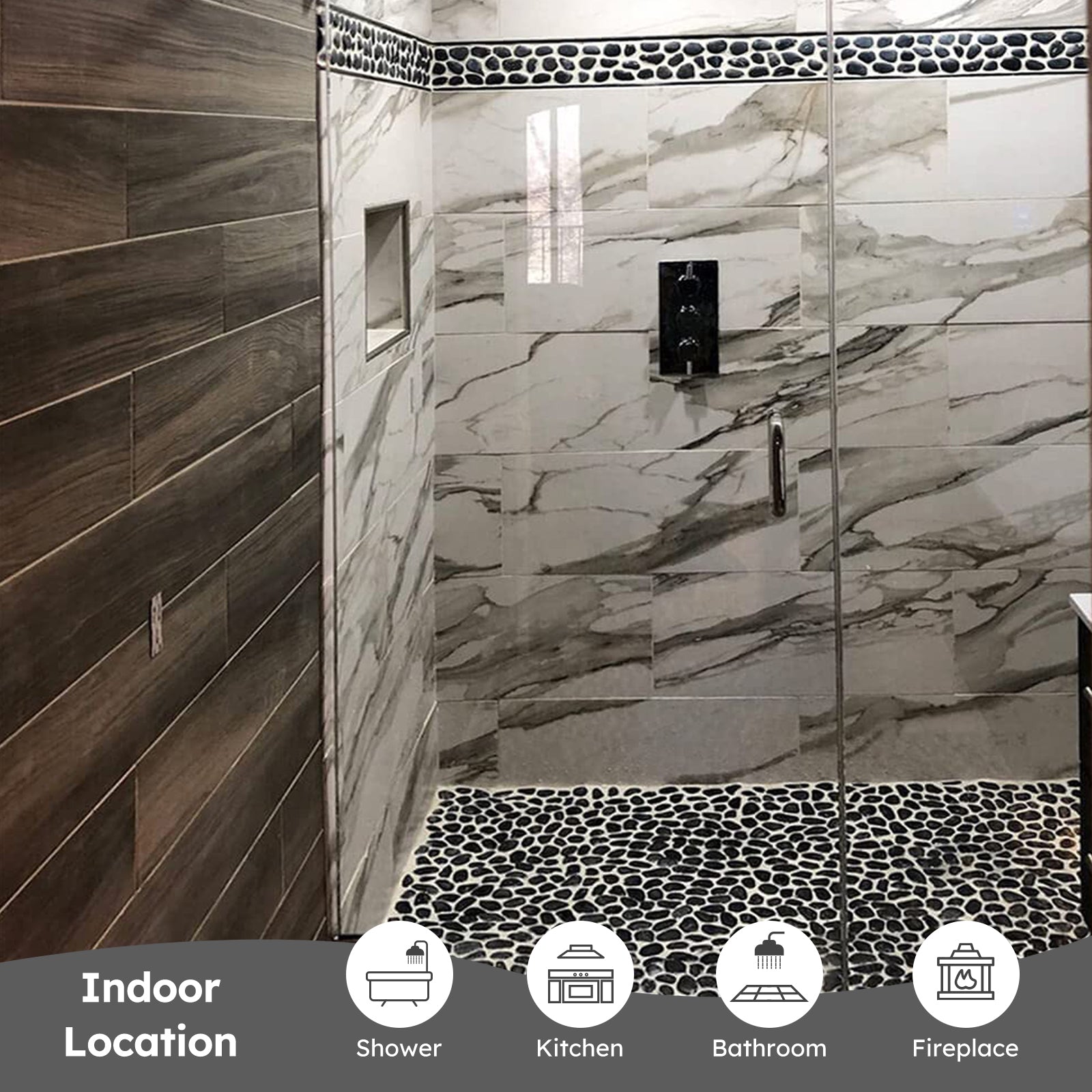 Diflart Pebble Tile for Shower Floor, Black, 5 Sq.ft, Pebble Backsplash for Kitchen Bathroom Wall and Floor Tile