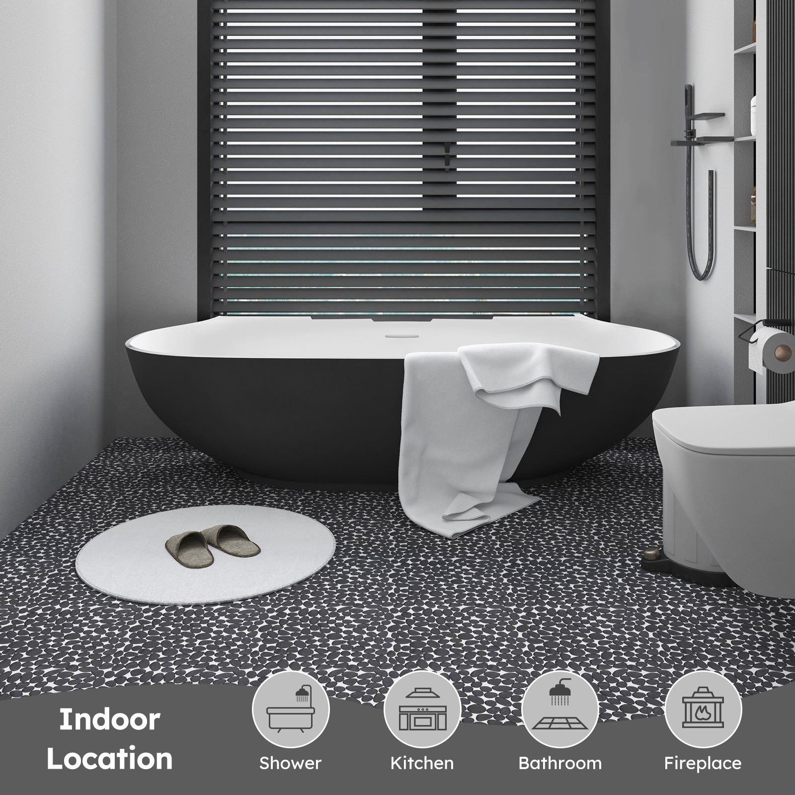 Diflart Pebble Tile for Shower Floor, Black, 5 Sq.ft, Pebble Backsplash for Kitchen Bathroom Wall and Floor Tile