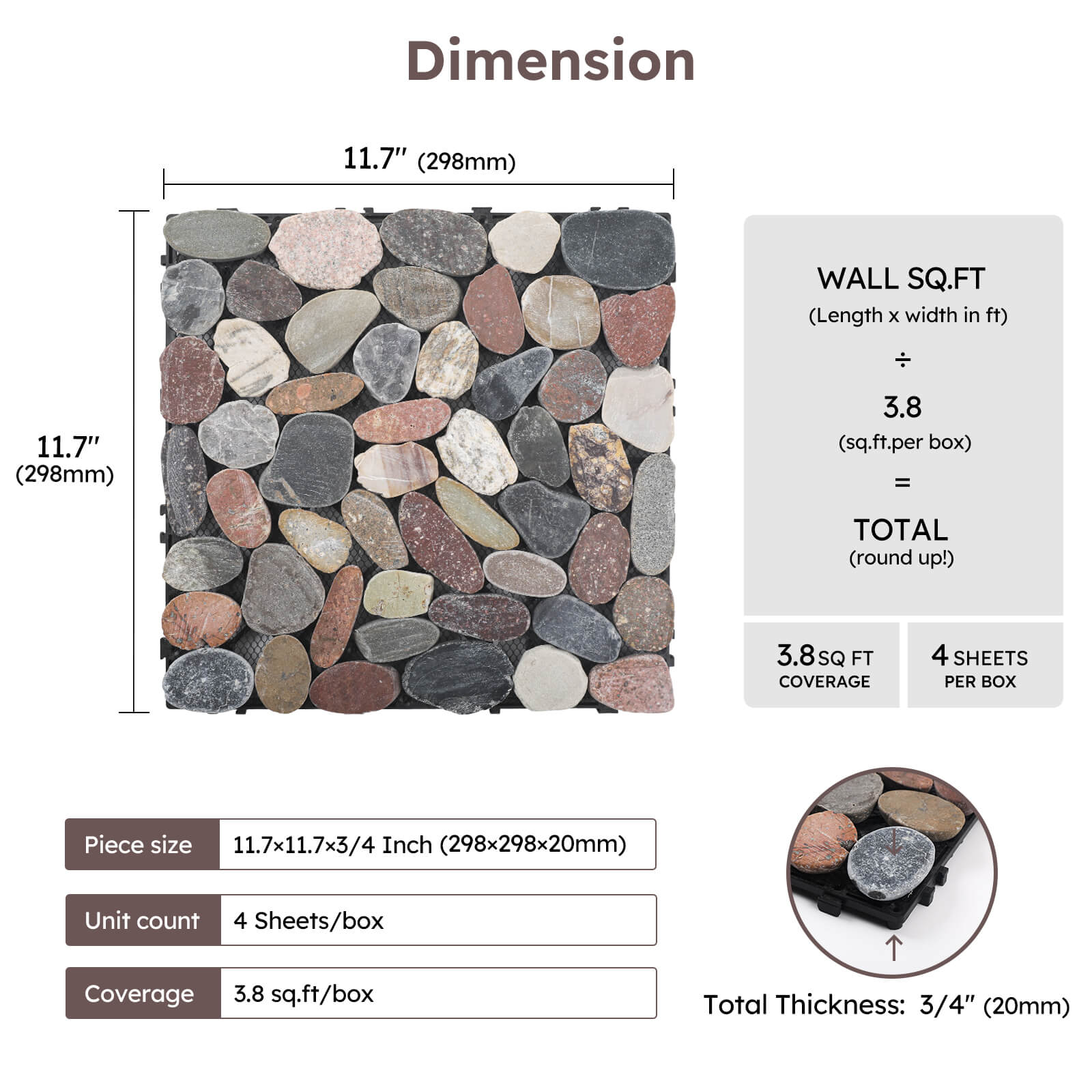 Diflart Pebble Tile for Shower Floor, Mountain Grey Oval, 4 Sheets, Sliced Interlocking Pebble Deck Tile Wall and Floor Tile