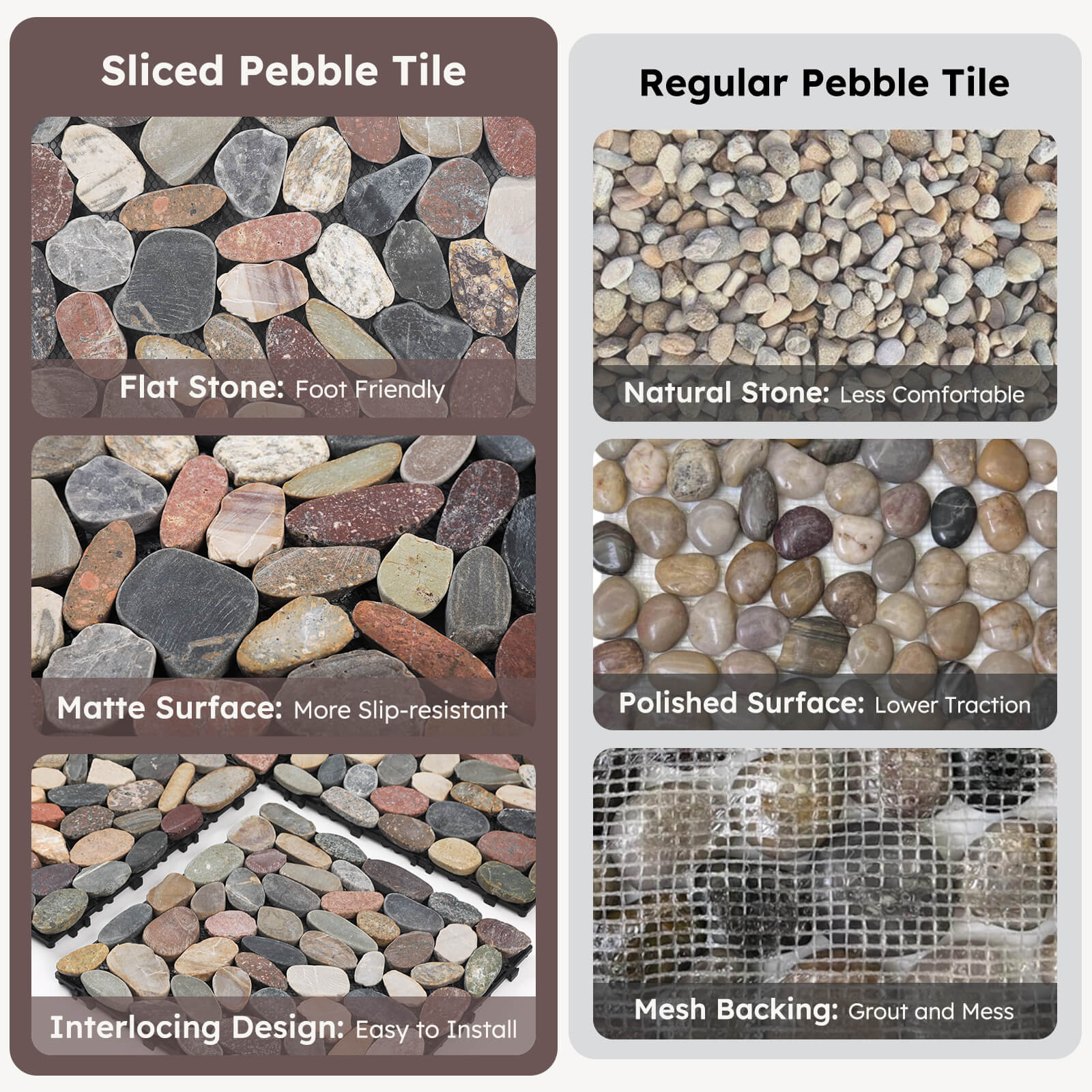Diflart Pebble Tile for Shower Floor, Mountain Grey Oval, 4 Sheets, Sliced Interlocking Pebble Deck Tile Wall and Floor Tile