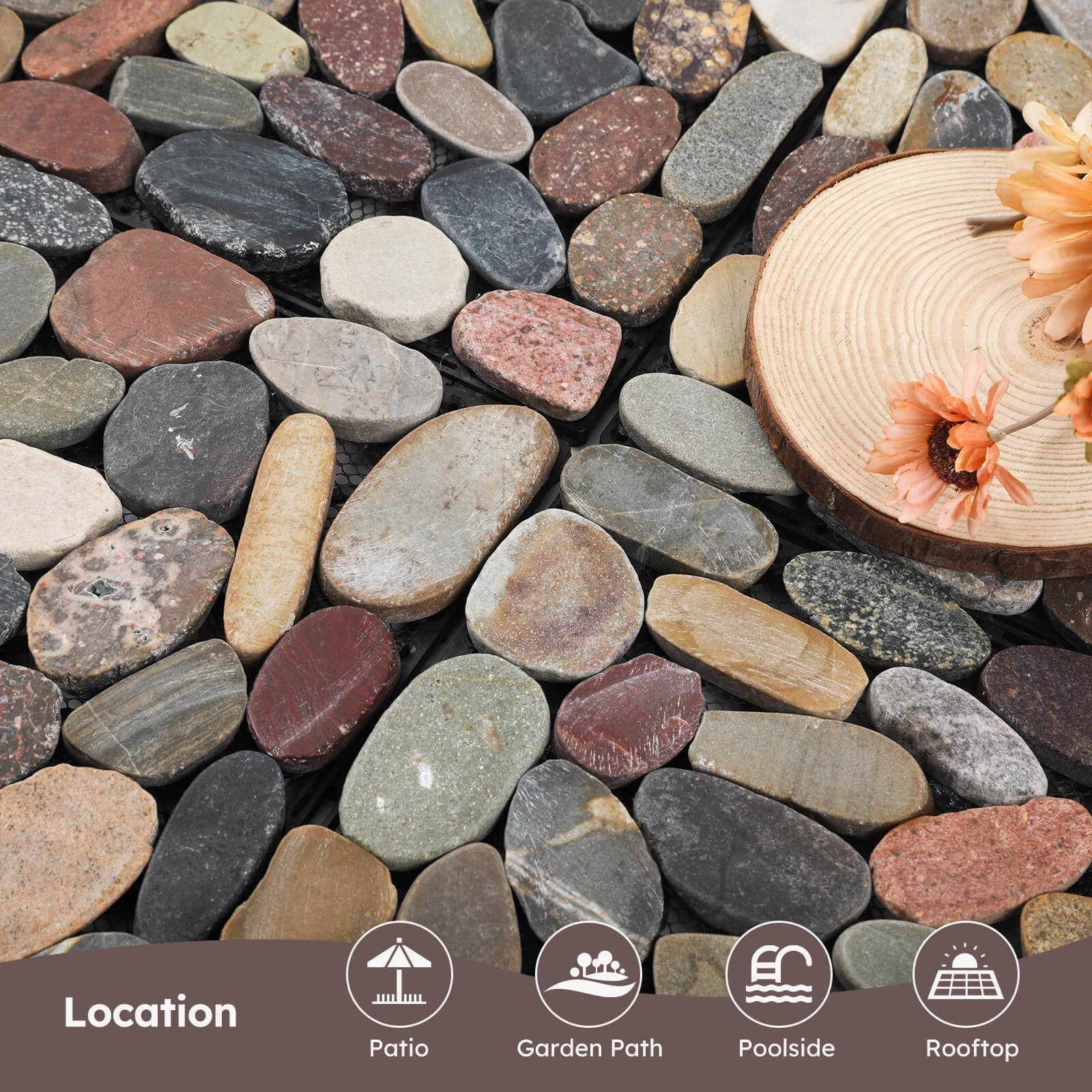 Diflart Pebble Tile for Shower Floor, Mountain Grey Oval, 4 Sheets, Sliced Interlocking Pebble Deck Tile Wall and Floor Tile