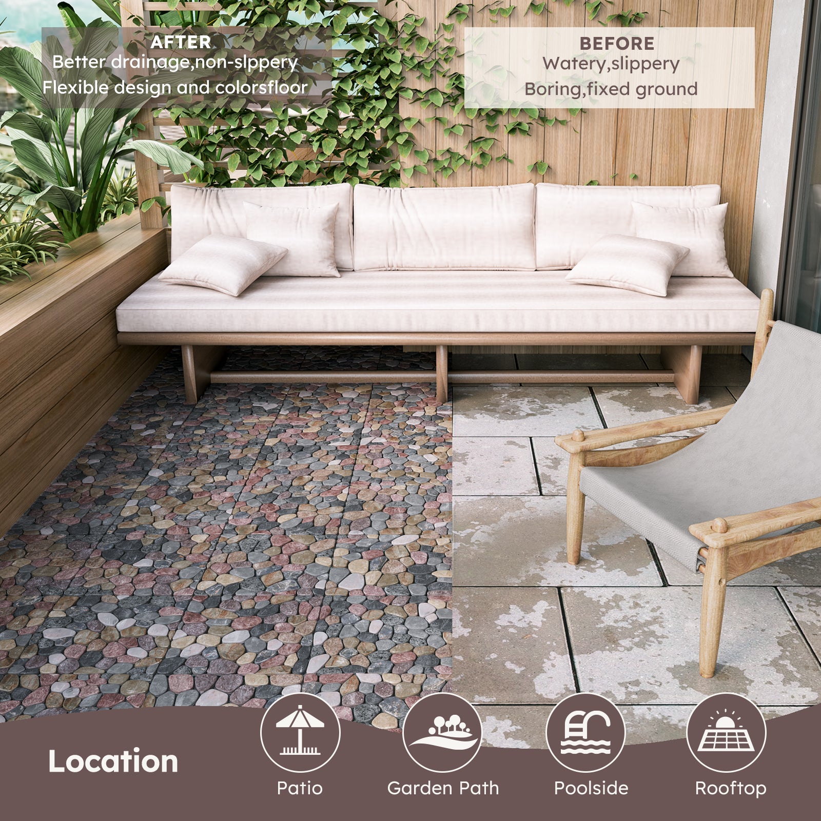 Diflart Pebble Tile for Shower Floor, Mountain Grey Oval, 4 Sheets, Sliced Interlocking Pebble Deck Tile Wall and Floor Tile