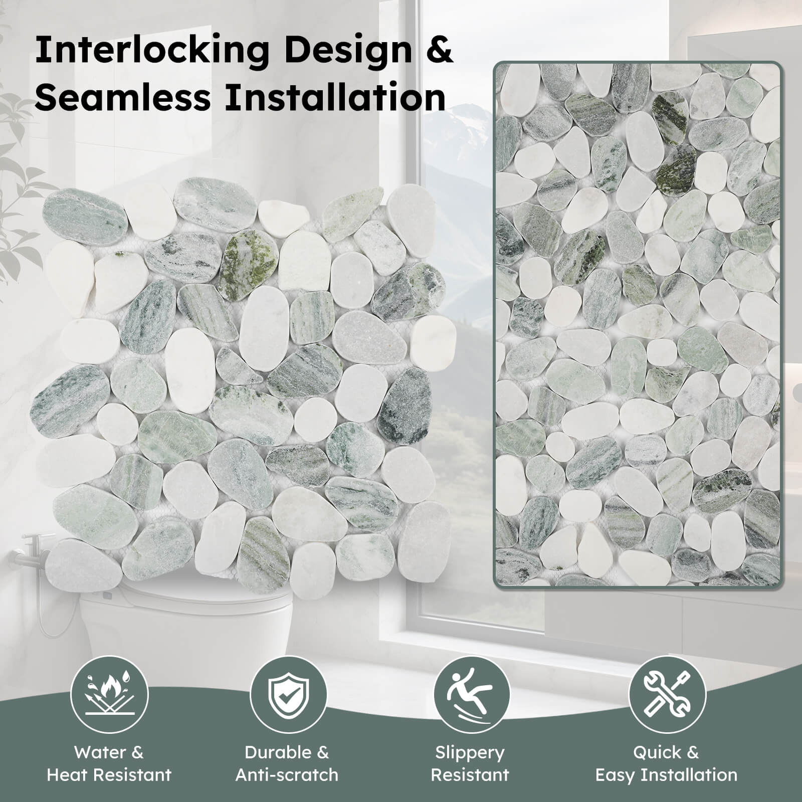 Diflart Pebble Tile for Shower Floor, Emerald Green Oval, 4 Sheets, Sliced Pebble Mosaic Backsplash for Kitchen Bathroom Floor and Wall Tile