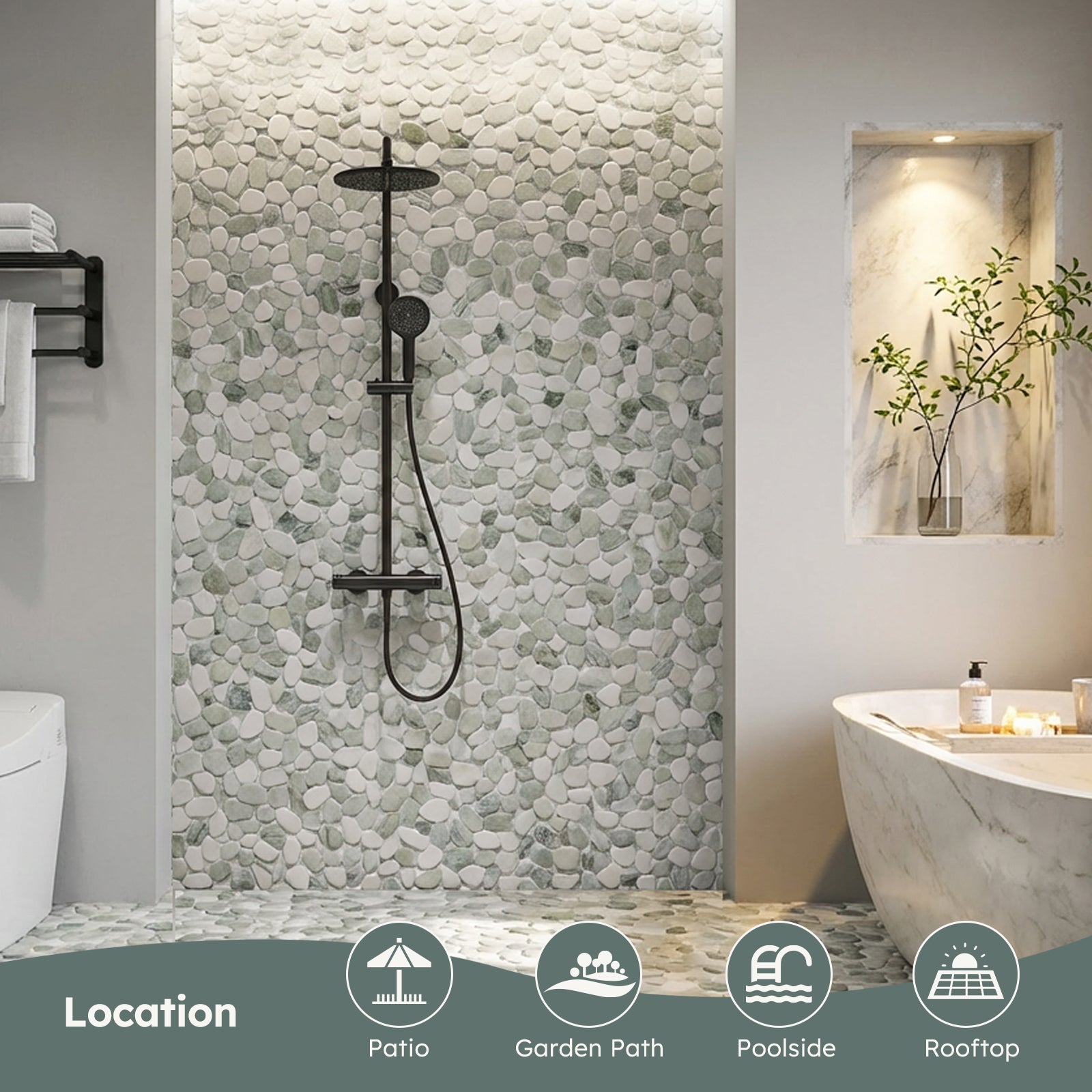 Diflart Pebble Tile for Shower Floor, Emerald Green Oval, 4 Sheets, Sliced Pebble Mosaic Backsplash for Kitchen Bathroom Floor and Wall Tile