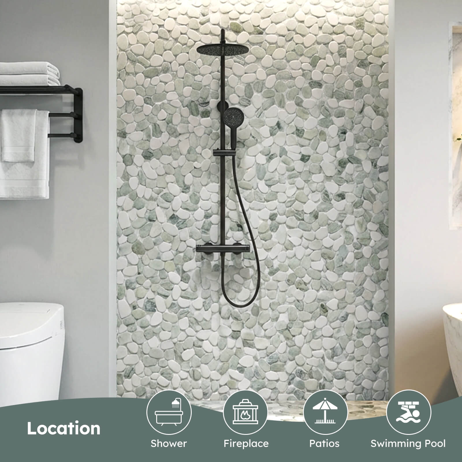 Diflart Pebble Tile for Shower Floor, Emerald Green Oval, 4 Sheets, Sliced Pebble Mosaic Backsplash for Kitchen Bathroom Floor and Wall Tile