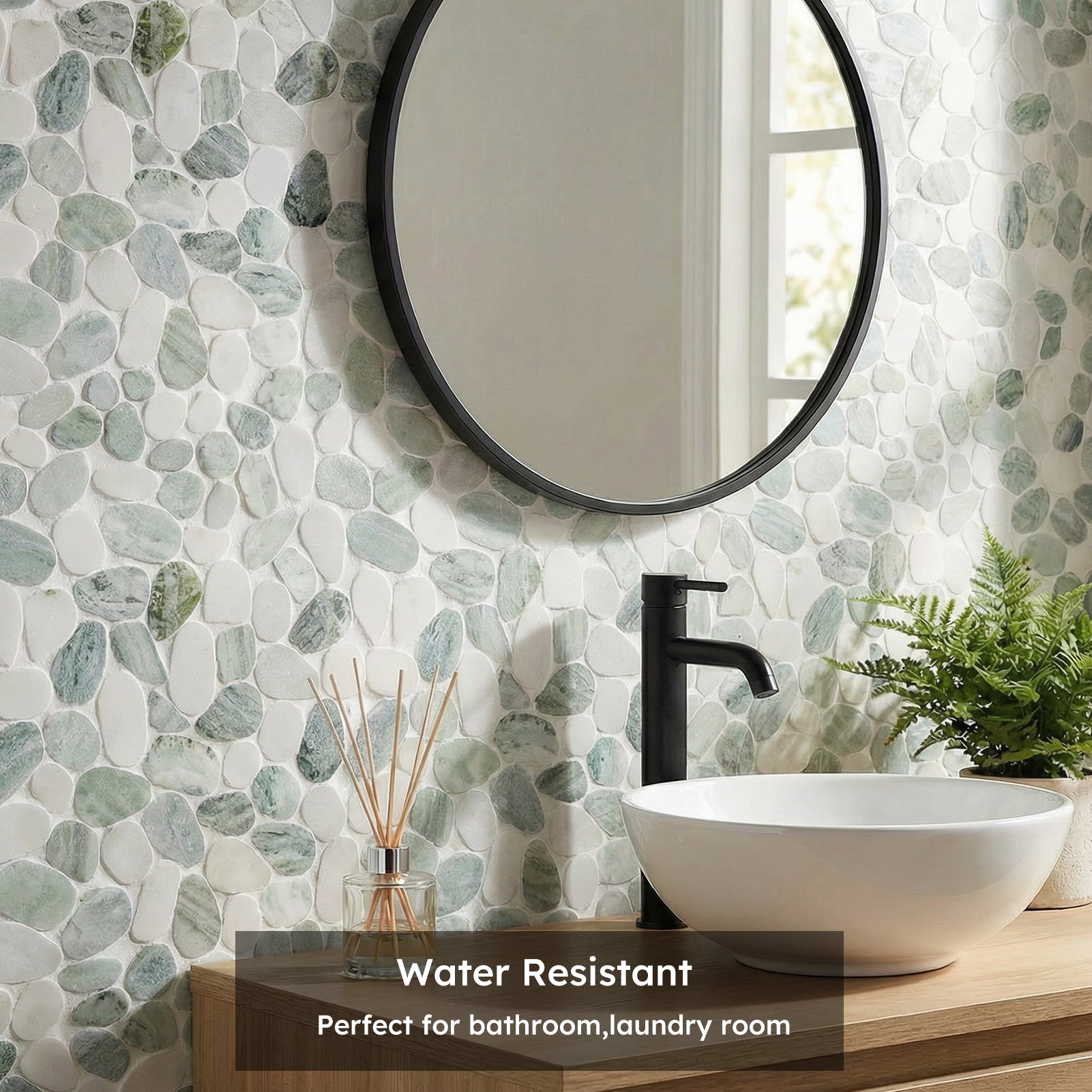 Diflart Pebble Tile for Shower Floor, Emerald Green Oval, 4 Sheets, Sliced Pebble Mosaic Backsplash for Kitchen Bathroom Floor and Wall Tile