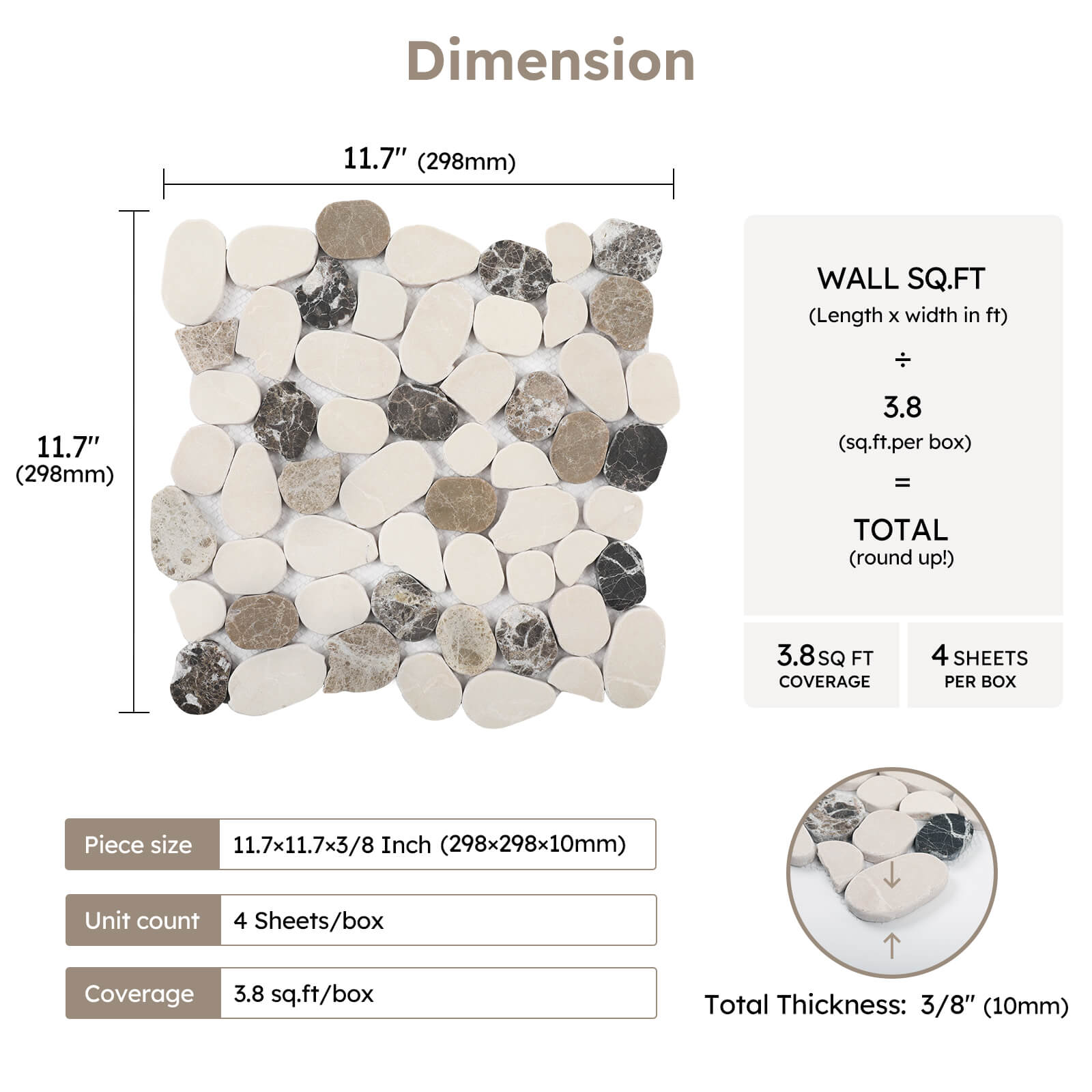 Diflart Pebble Tile for Shower Floor, Brown and Beige Oval, 4 Sheets, Sliced Pebble Mosaic Backsplash for Kitchen Bathroom Floor and Wall Tile