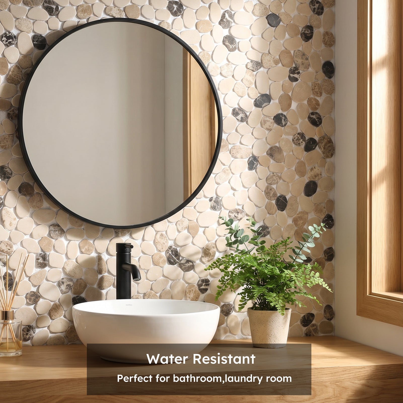 Diflart Pebble Tile for Shower Floor, Brown and Beige Oval, 4 Sheets, Sliced Pebble Mosaic Backsplash for Kitchen Bathroom Floor and Wall Tile