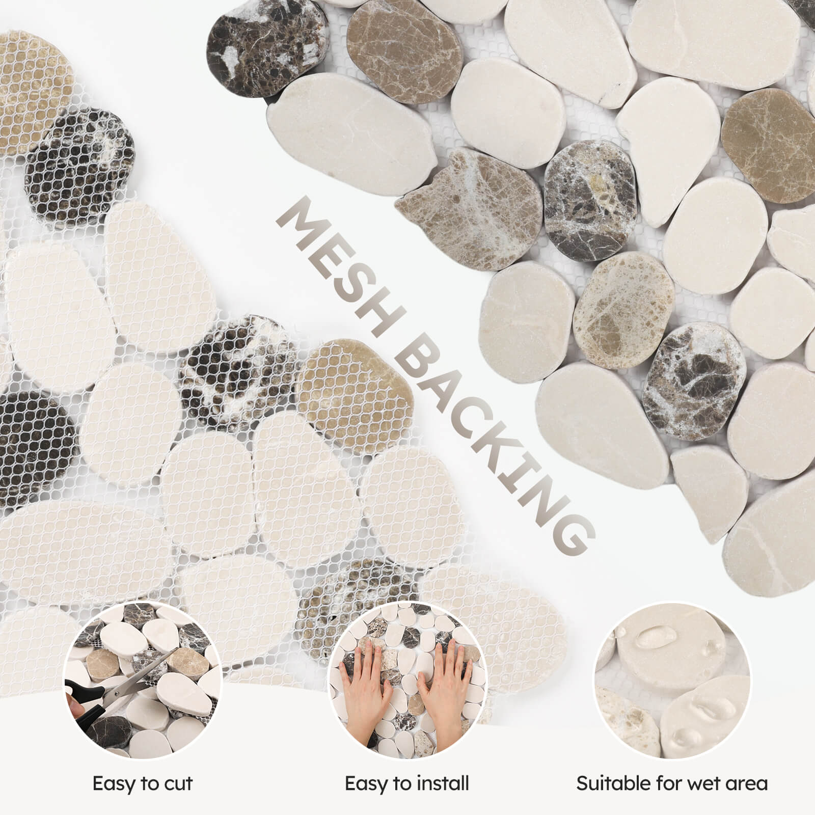 Diflart Pebble Tile for Shower Floor, Brown and Beige Oval, 4 Sheets, Sliced Pebble Mosaic Backsplash for Kitchen Bathroom Floor and Wall Tile