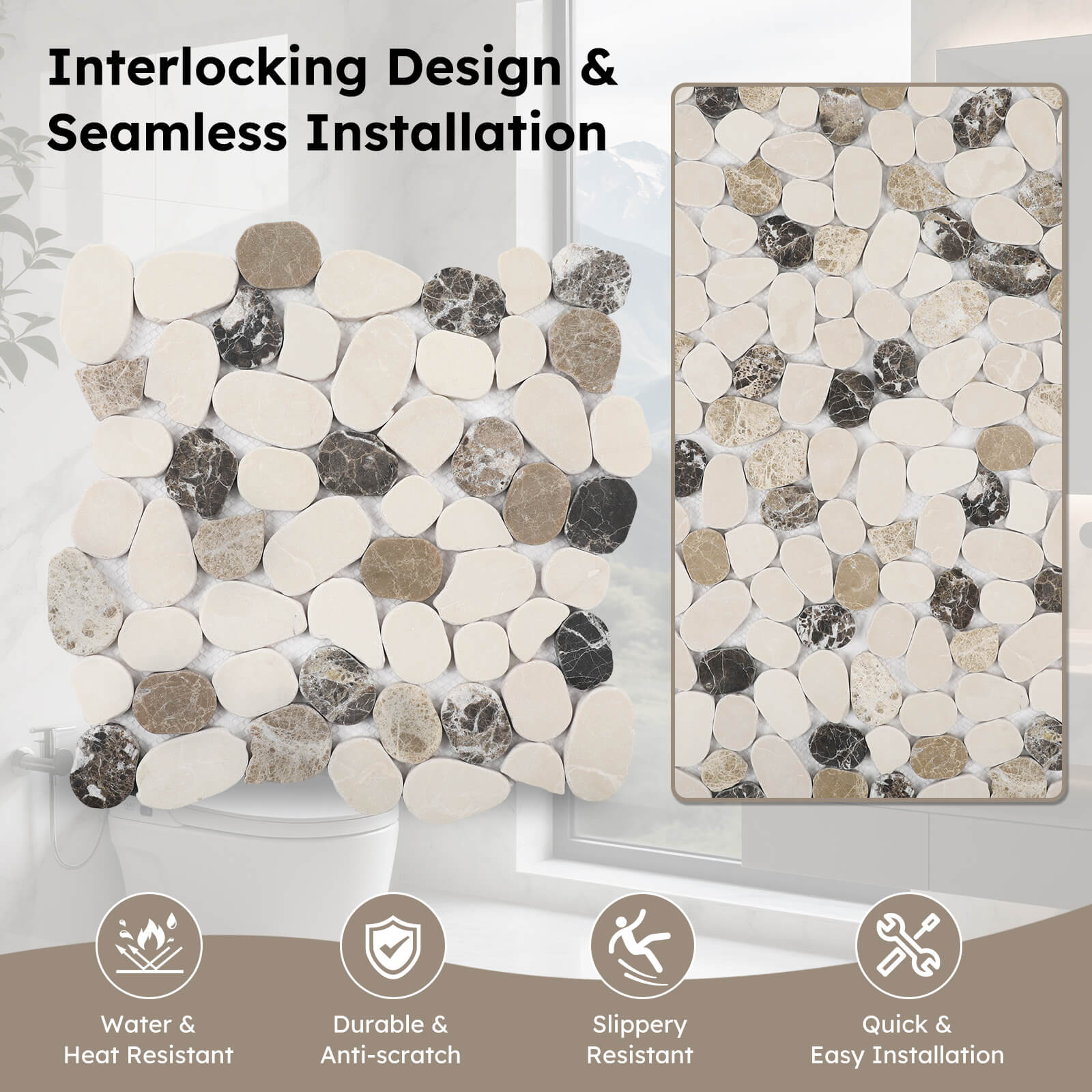 Diflart Pebble Tile for Shower Floor, Brown and Beige Oval, 4 Sheets, Sliced Pebble Mosaic Backsplash for Kitchen Bathroom Floor and Wall Tile