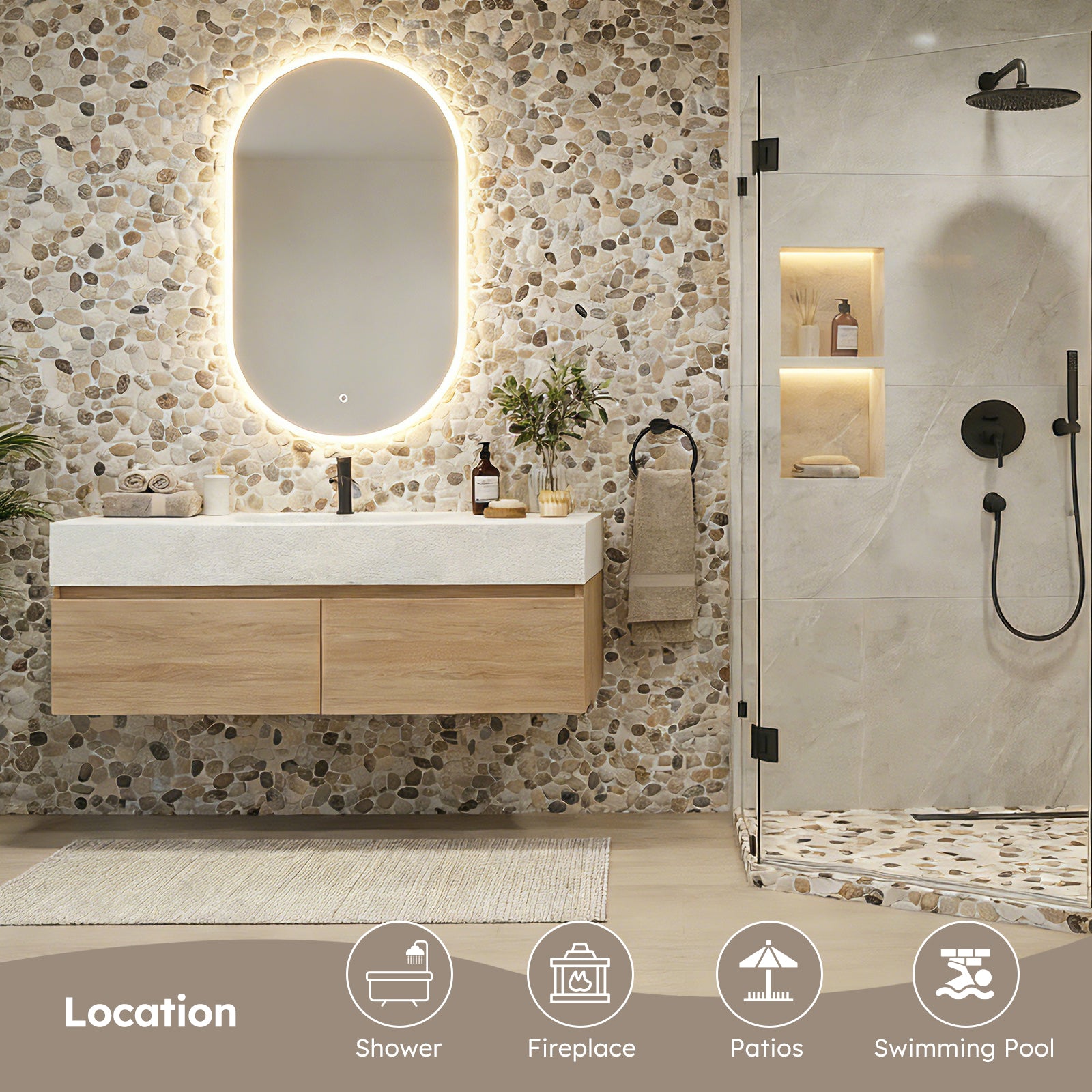 Diflart Pebble Tile for Shower Floor, Brown and Beige Oval, 4 Sheets, Sliced Pebble Mosaic Backsplash for Kitchen Bathroom Floor and Wall Tile