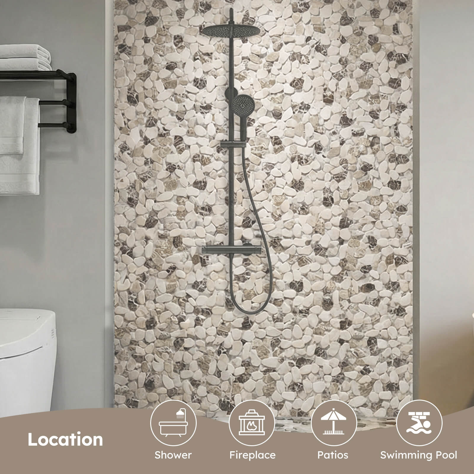 Diflart Pebble Tile for Shower Floor, Brown and Beige Oval, 4 Sheets, Sliced Pebble Mosaic Backsplash for Kitchen Bathroom Floor and Wall Tile