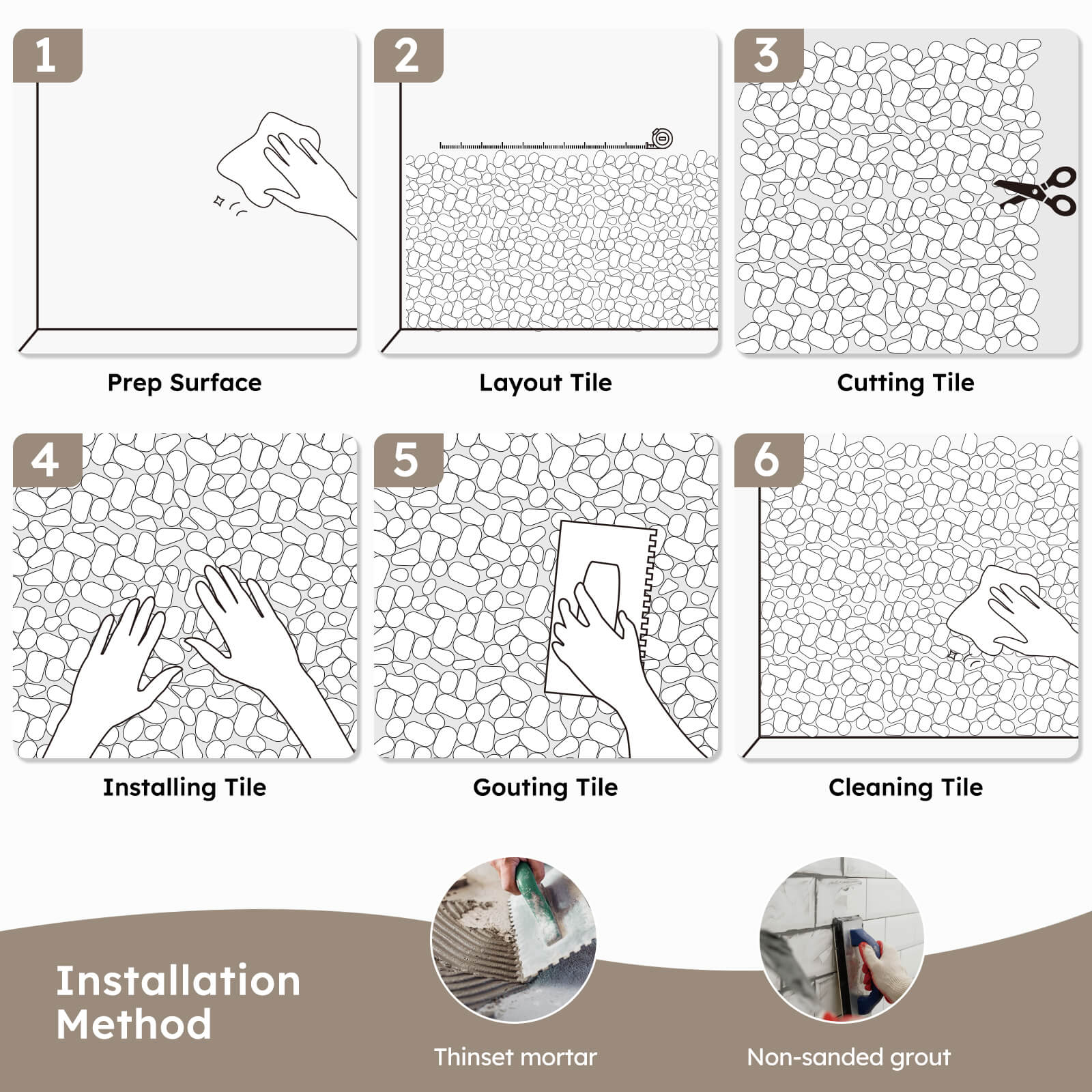 Diflart Pebble Tile for Shower Floor, Brown and Beige Oval, 4 Sheets, Sliced Pebble Mosaic Backsplash for Kitchen Bathroom Floor and Wall Tile