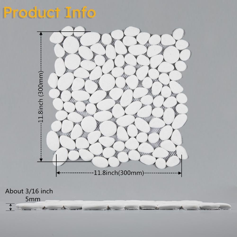 Diflart White Pebble Backsplash Tile Polished for Kitchen Shower Floor Wall Tiles Pack of 5 Sheets