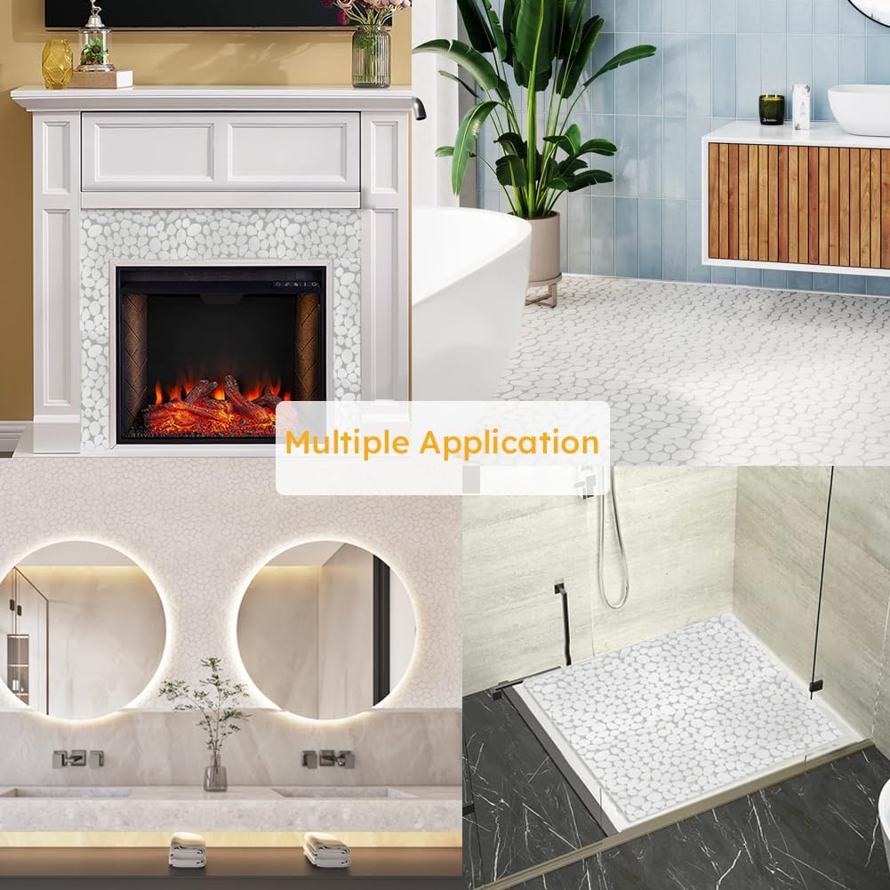 Diflart White Pebble Backsplash Tile Polished for Kitchen Shower Floor Wall Tiles Pack of 5 Sheets