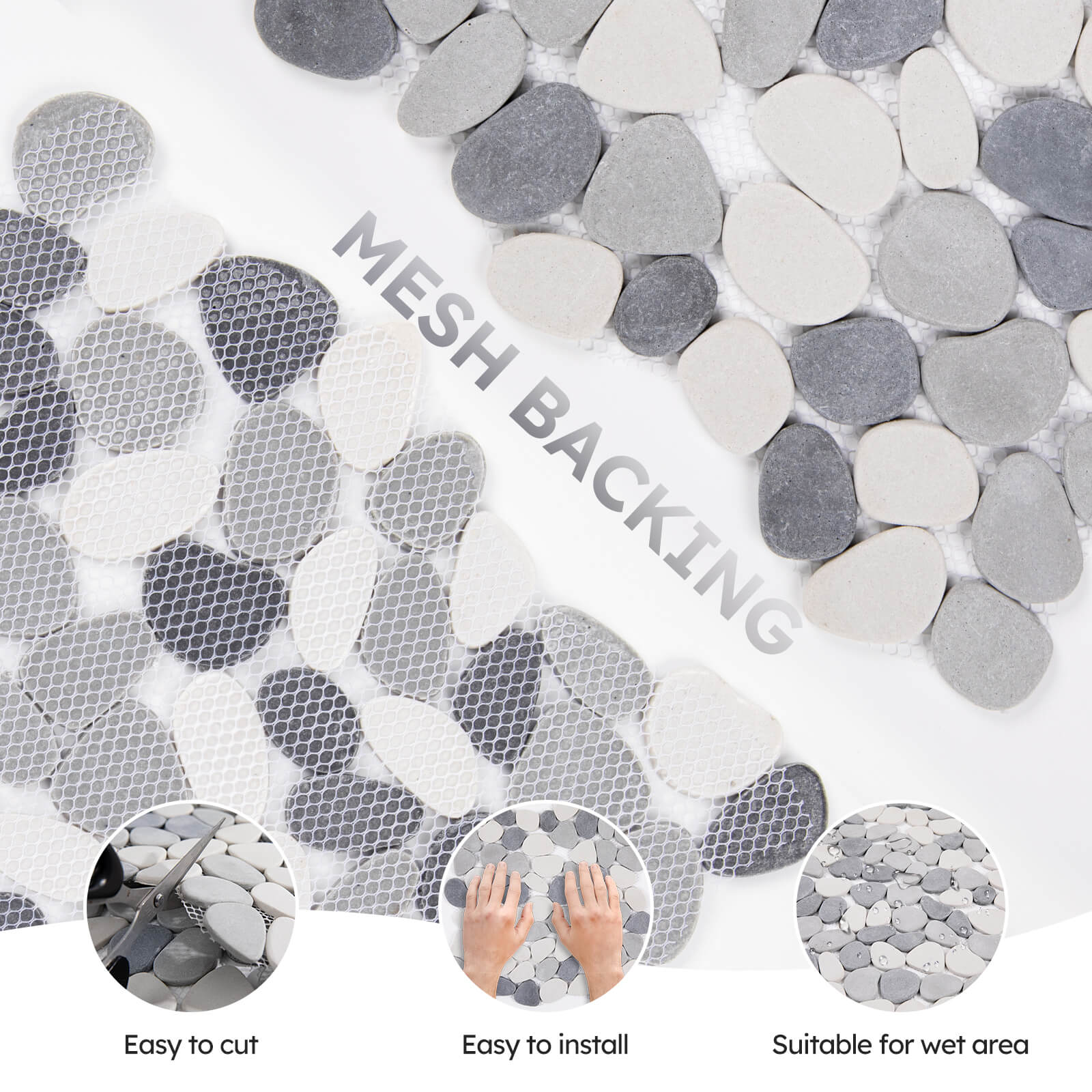 Diflart Pebble Tile for Shower Floor, Java Tan and White, 5 Sq.ft, Pebble Backsplash for Kitchen Bathroom Wall and Floor Tile