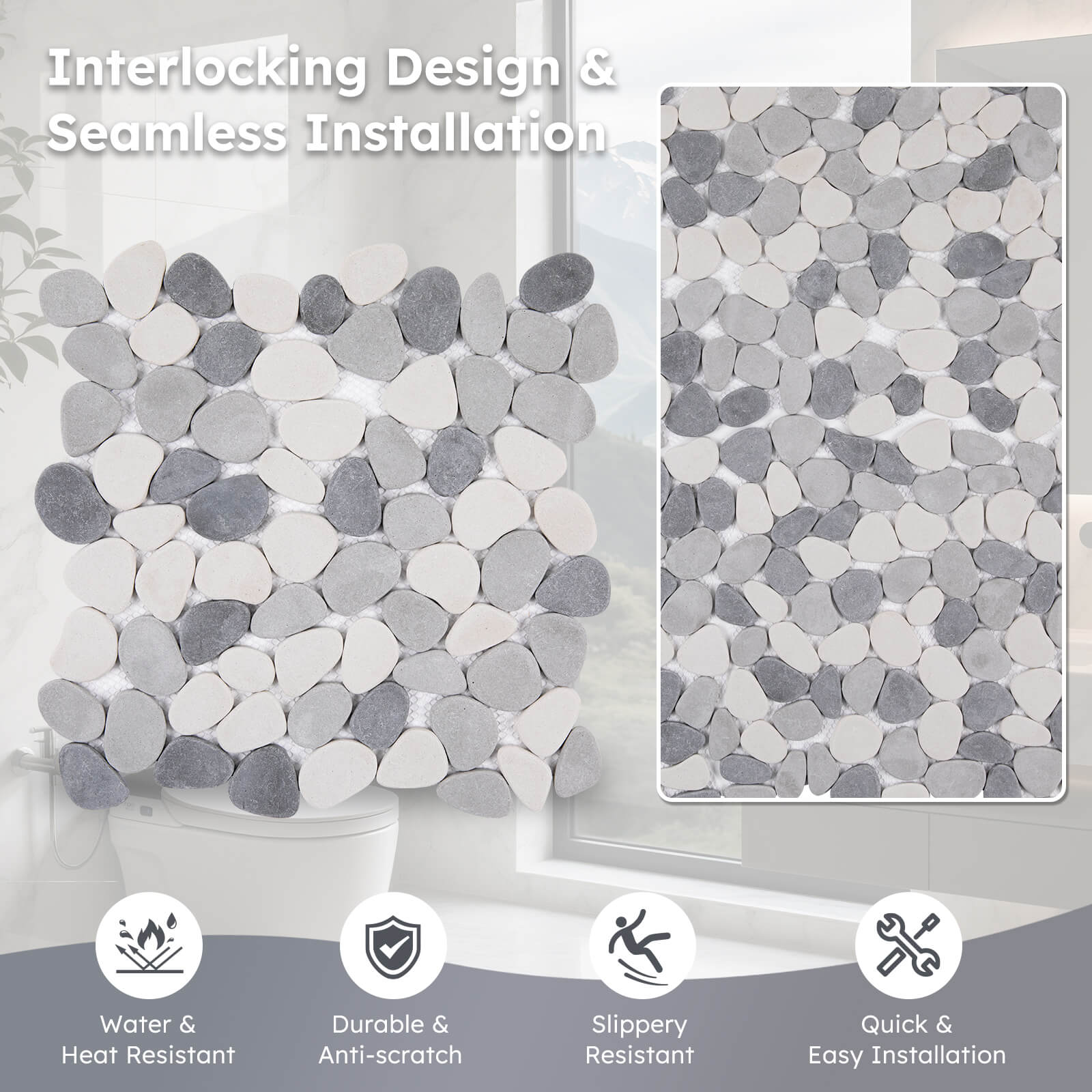 Diflart Pebble Tile for Shower Floor, Java Tan and White, 5 Sq.ft, Pebble Backsplash for Kitchen Bathroom Wall and Floor Tile