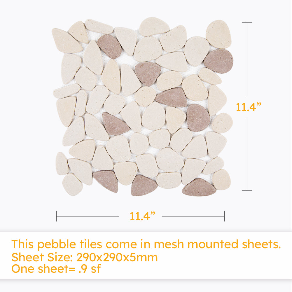 Diflart Sliced Pebble Tile Tumbled for Kitchen Bathroom Backsplask Shower Floor Pack of 5 Sheets (Java Tan and White)