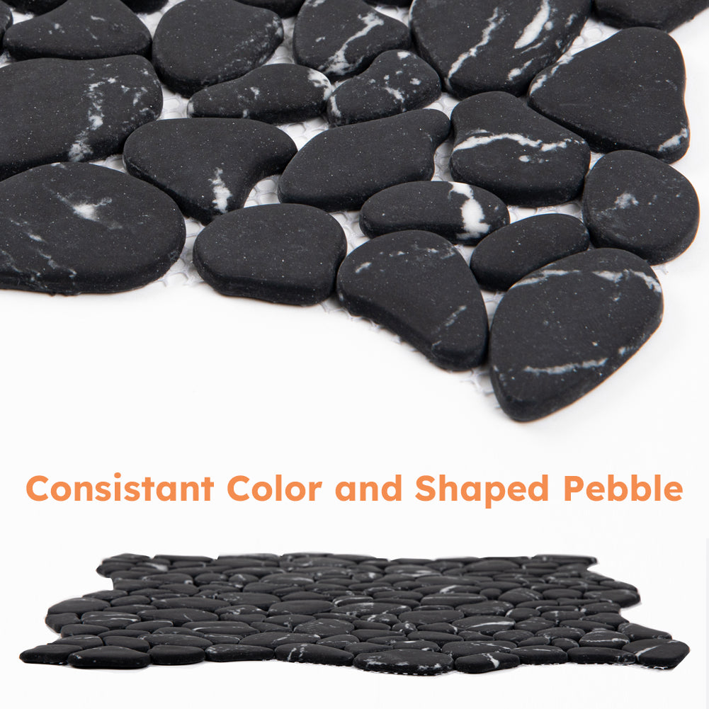 Diflart Pebble Tile for Shower Floor, Black Marble Veins, 10 sheets