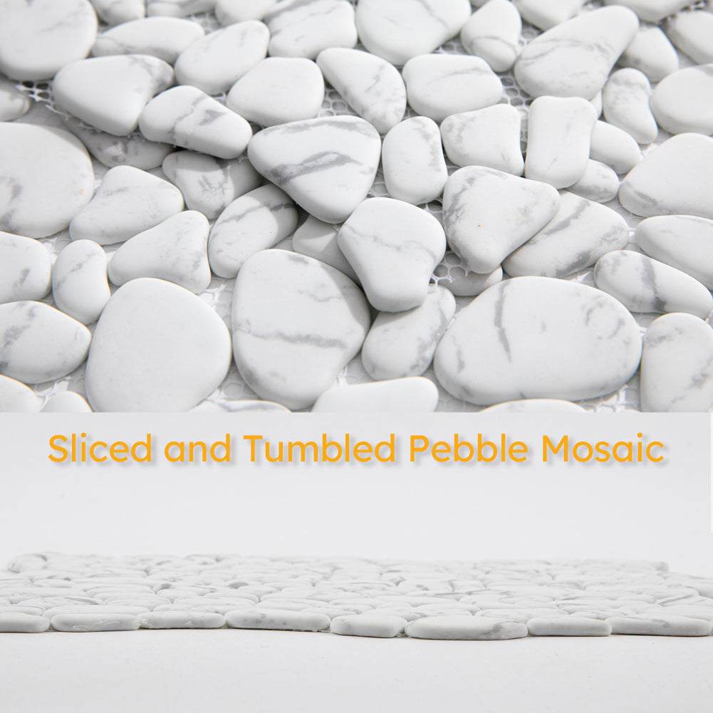 Diflart Pebble Tile for Shower Floor, White Marble Veins, 10 sheets