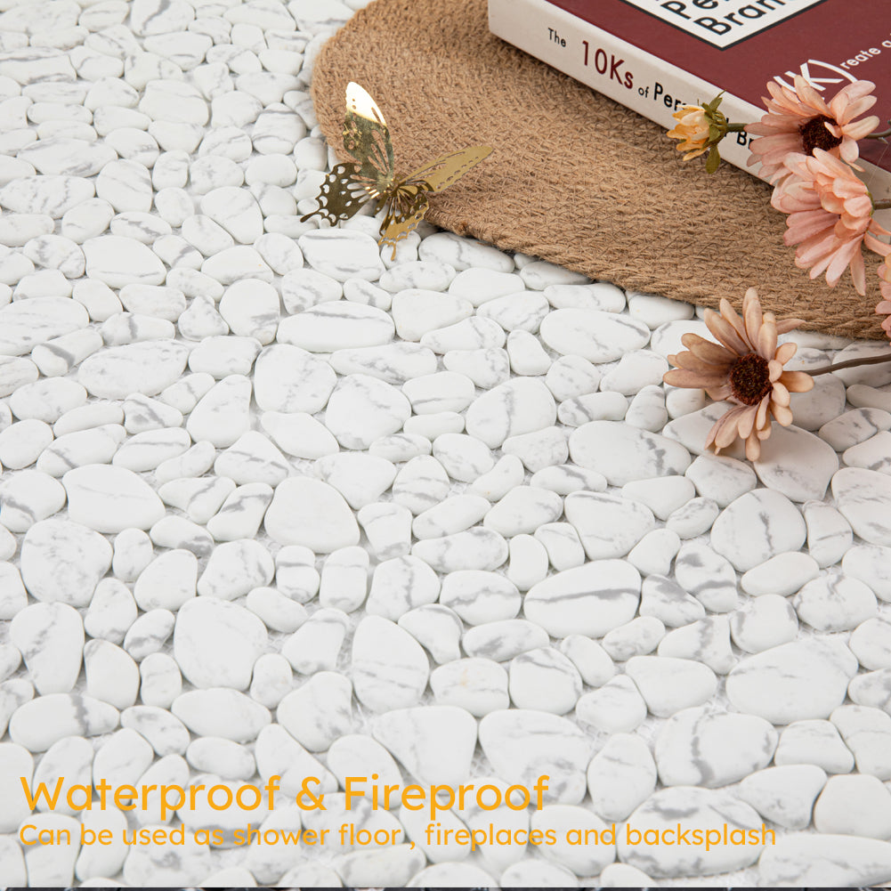 Diflart Pebble Tile for Shower Floor, White Marble Veins, 10 Sq.Ft, Sliced Pebble Backsplash for Kitchen Bathroom Wall and Floor Tile