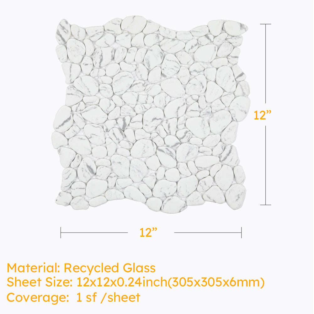 Diflart Pebble Tile for Shower Floor, White Marble Veins, 10 Sq.Ft, Sliced Pebble Backsplash for Kitchen Bathroom Wall and Floor Tile