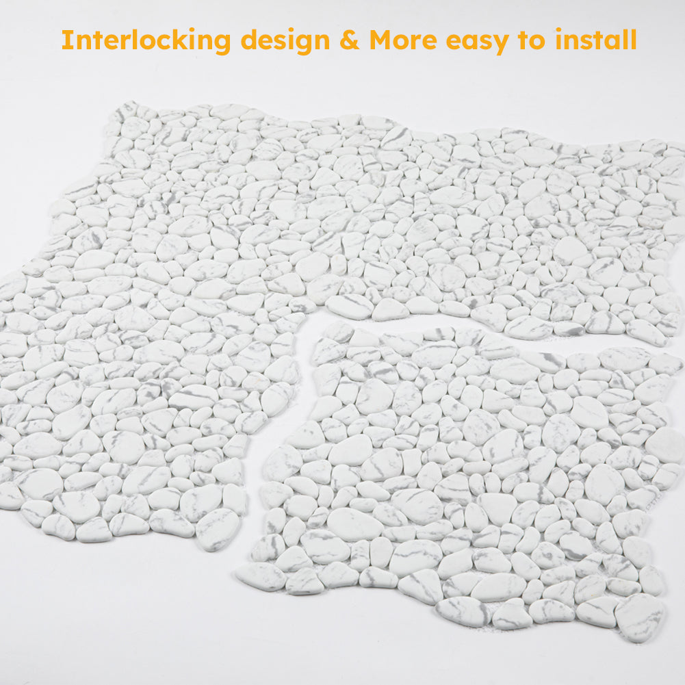 Diflart Pebble Tile for Shower Floor, White Marble Veins, 10 Sq.Ft, Sliced Pebble Backsplash for Kitchen Bathroom Wall and Floor Tile