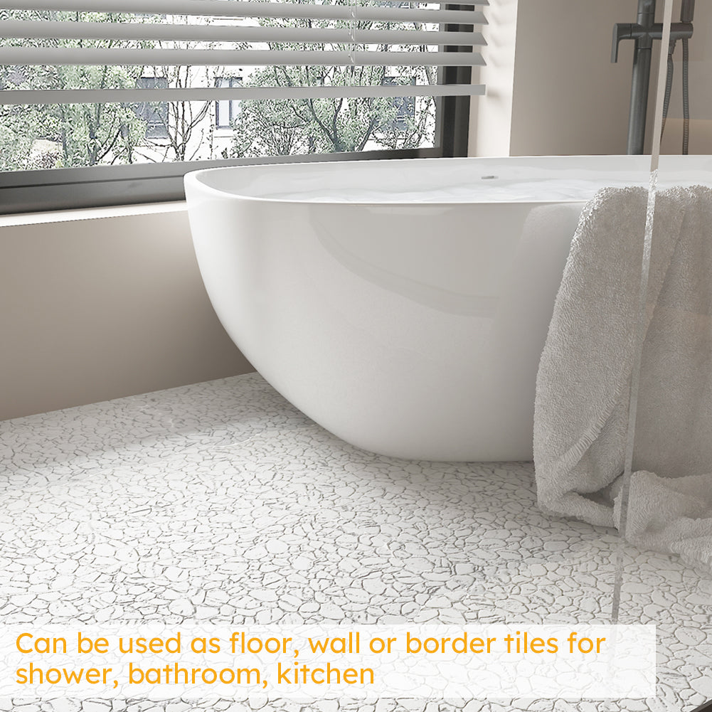 Diflart Pebble Tile for Shower Floor, White Marble Veins, 10 Sq.Ft, Sliced Pebble Backsplash for Kitchen Bathroom Wall and Floor Tile