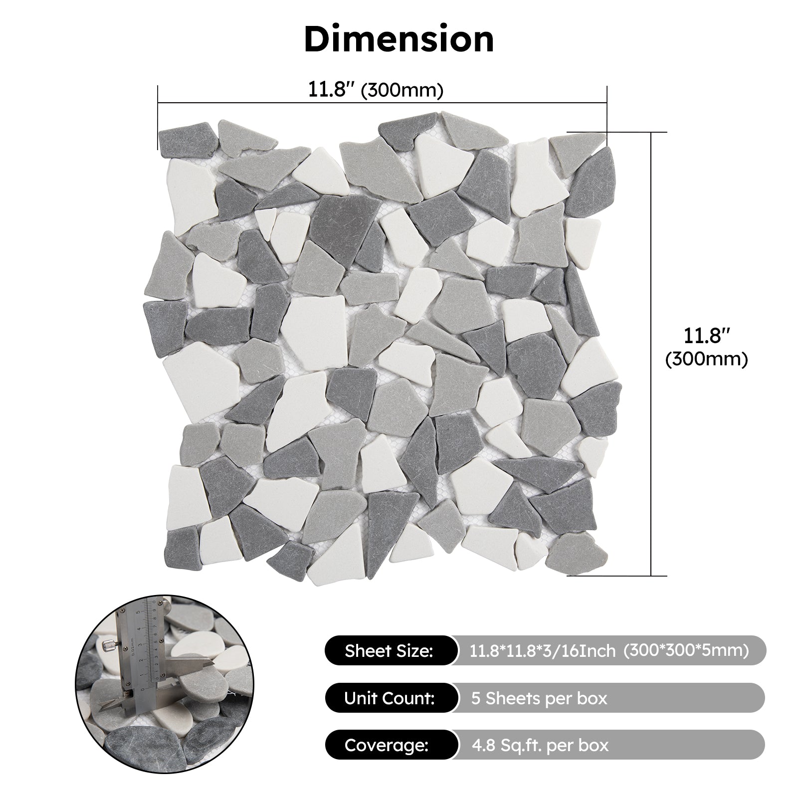 Diflart Pebble Tile for Shower Floor, Gray and White Geometric, 5 Sq.ft, Stone Mosaic Backsplash for Kitchen Bathroom Wall and Floor Tile