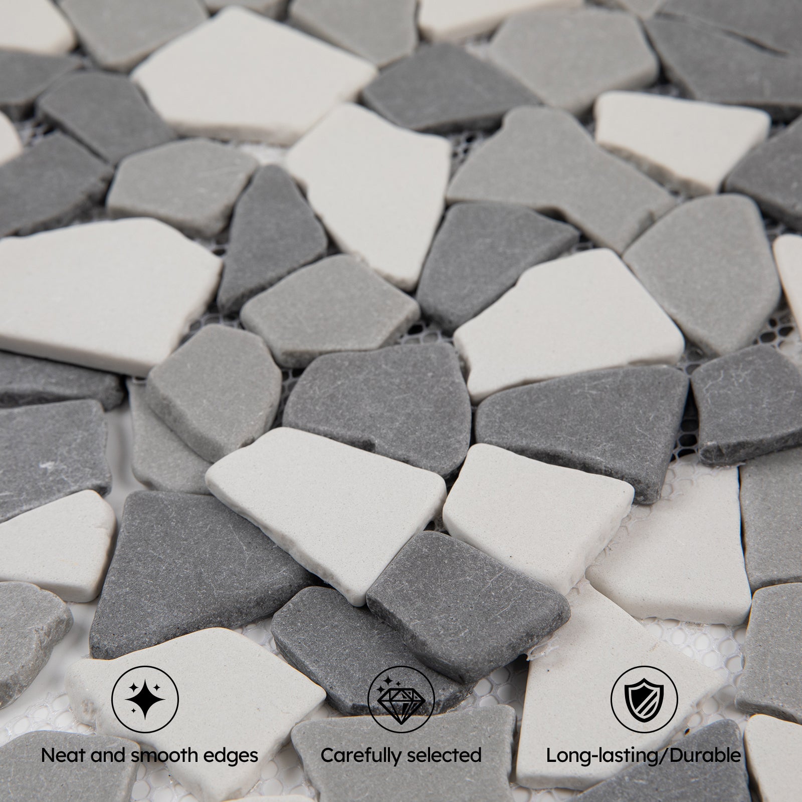 Diflart Pebble Tile for Shower Floor, Gray and White Geometric, 5 Sq.ft, Stone Mosaic Backsplash for Kitchen Bathroom Wall and Floor Tile