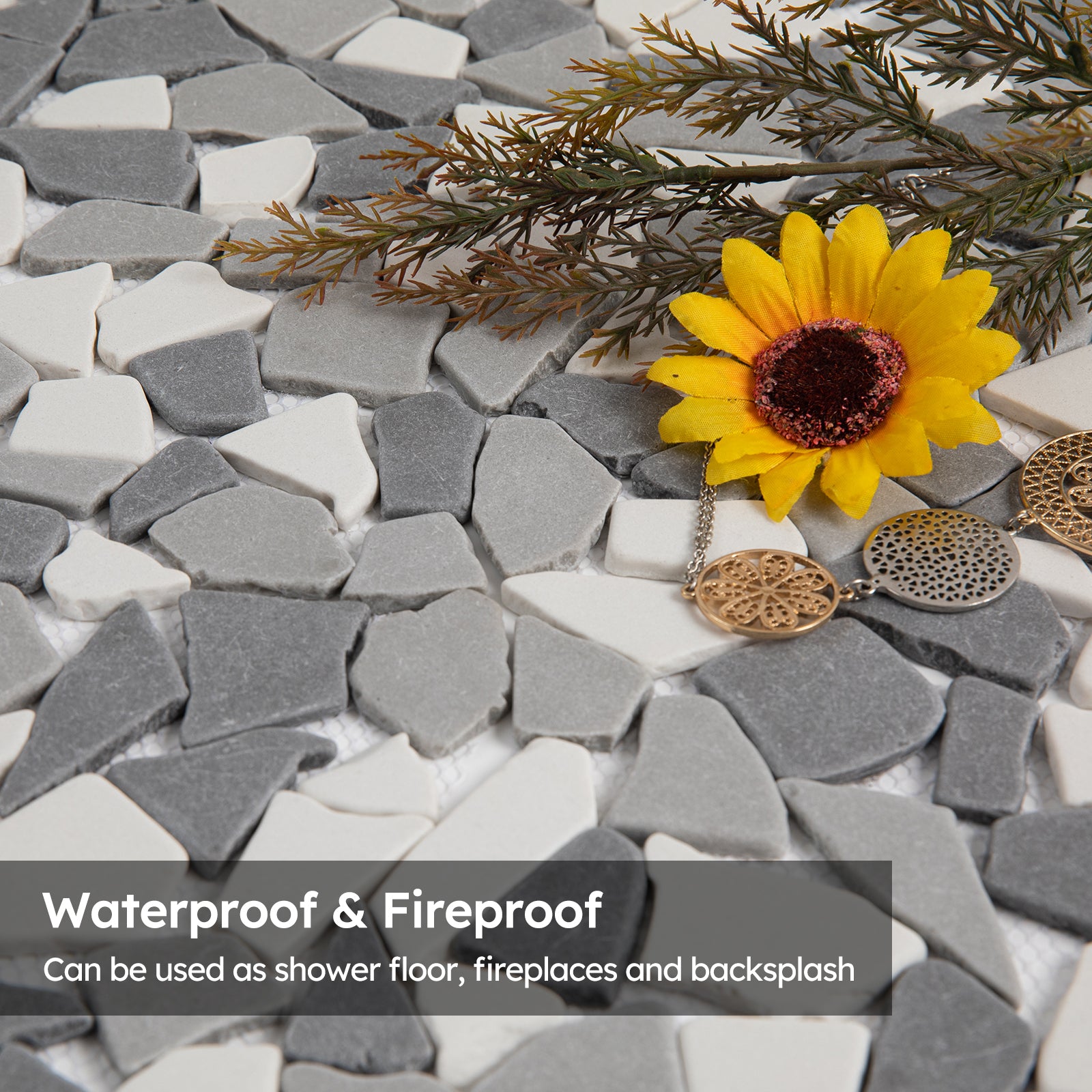 Diflart Pebble Tile for Shower Floor, Gray and White Geometric, 5 Sq.ft, Stone Mosaic Backsplash for Kitchen Bathroom Wall and Floor Tile