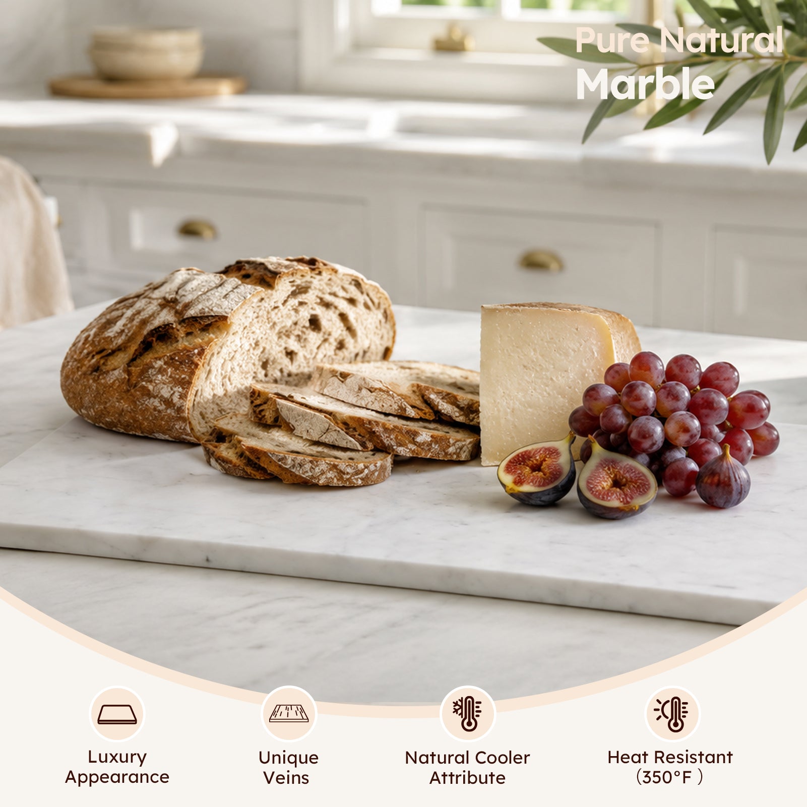 Diflart Natural Marble Pastry Board for Kitchen, 16x20 Inch, White, Marble Slab for Cheese, Cutting, Serving, Carrara Bianco Marble Stone Board, Christmas Thanksgiving Gift