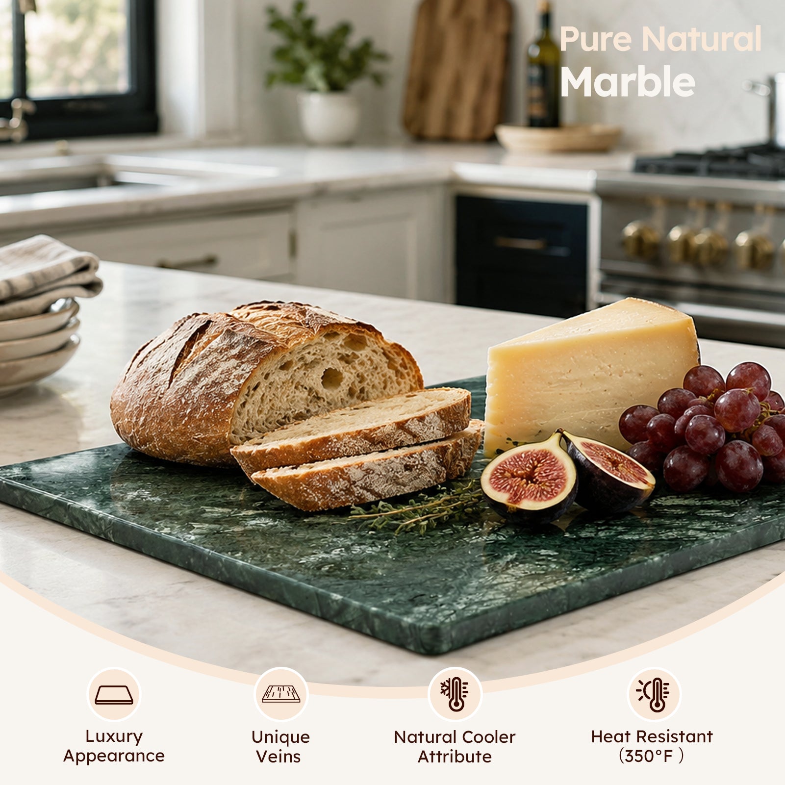 Diflart Natural Marble Stone Cutting Board for Kitchen, 16x20 Inch, Green, Marble Slab Pastry Board Large for Cheese, Serving, Baking, Pack of 1 Piece
