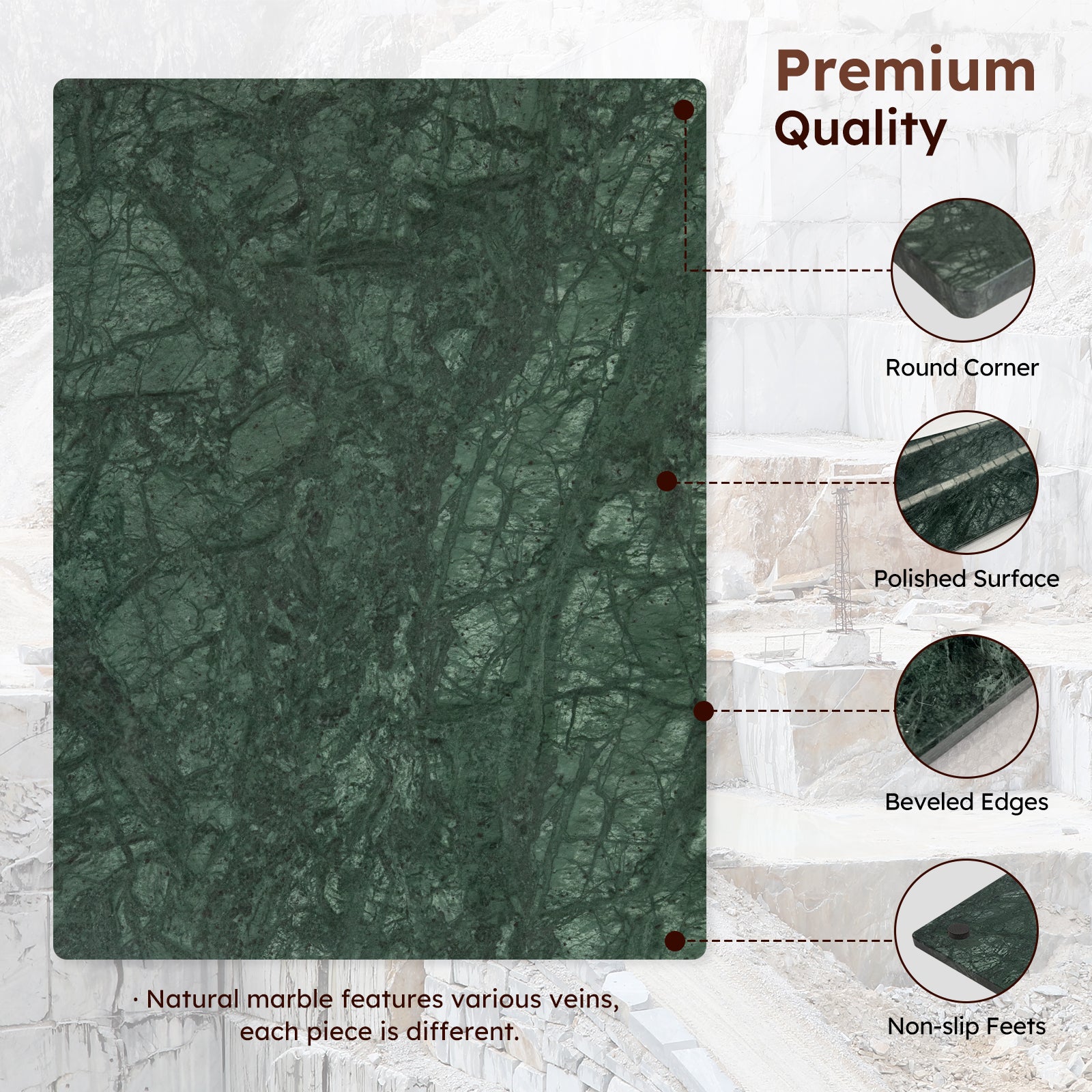 Diflart Natural Marble Stone Cutting Board for Kitchen, 16x20 Inch, Green, Marble Slab Pastry Board Large for Cheese, Serving, Baking, Pack of 1 Piece