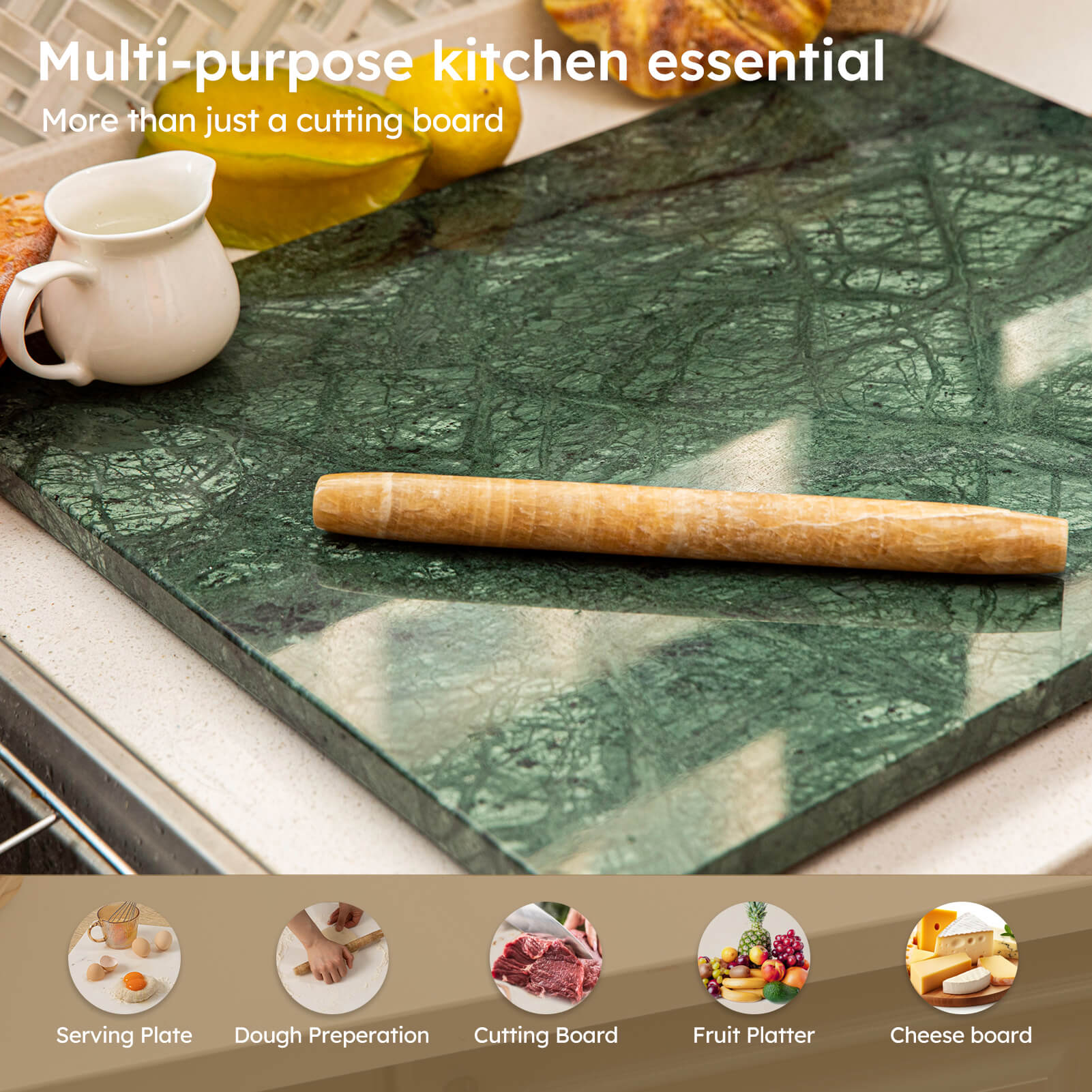 Diflart Natural Marble Stone Cutting Board for Kitchen, 16x20 Inch, Green, Marble Slab Pastry Board Large for Cheese, Serving, Baking, Pack of 1 Piece