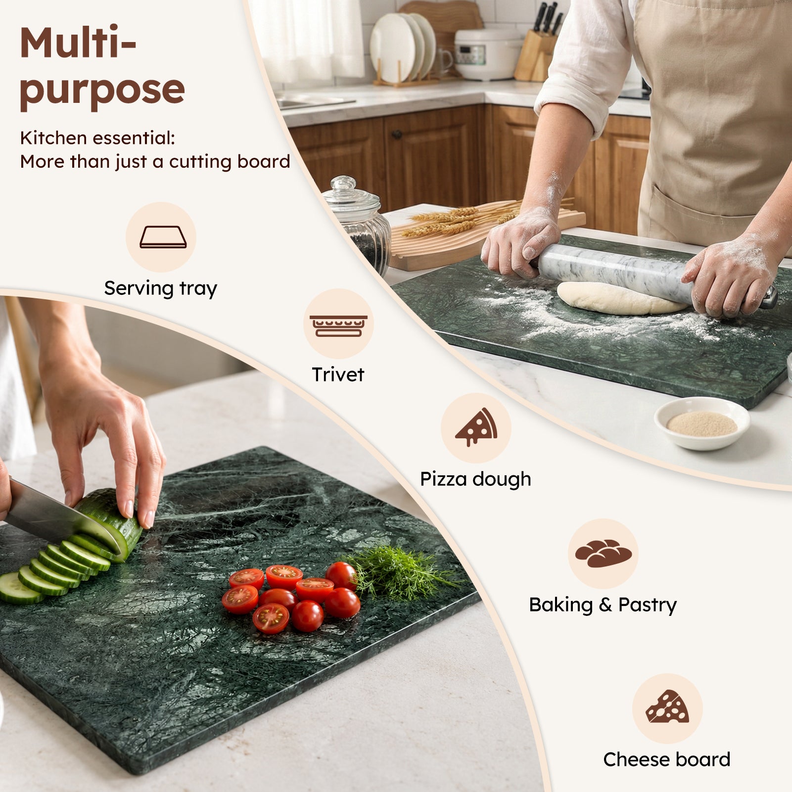 Diflart Natural Marble Stone Cutting Board for Kitchen, 16x20 Inch, Green, Marble Slab Pastry Board Large for Cheese, Serving, Baking, Pack of 1 Piece