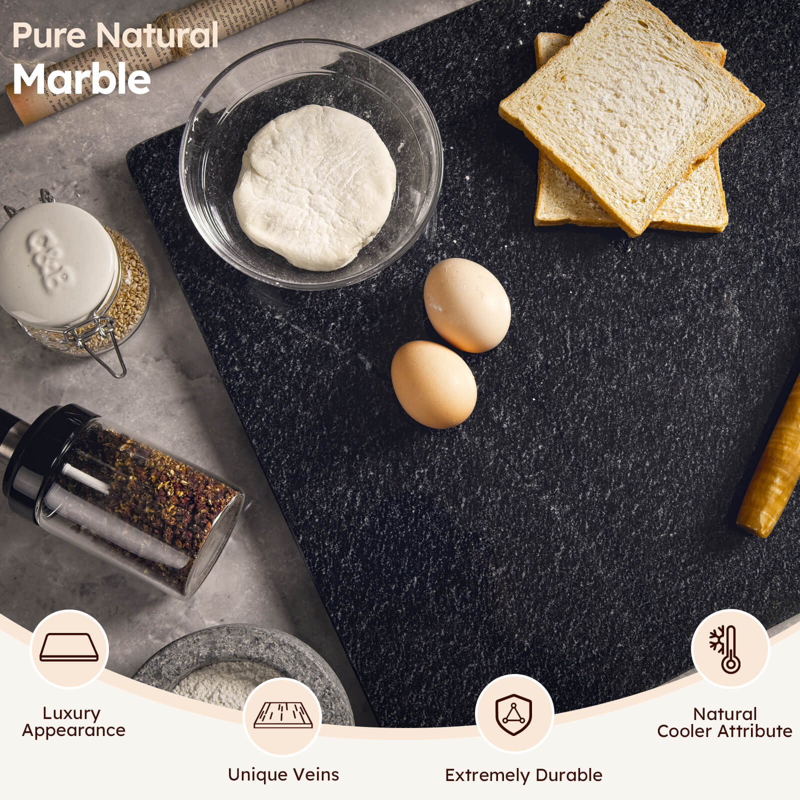 Diflart Natural Black Granite Cutting Board for Kitchen 16x20 Inch,with Non-Slip Feet, Large Stone Pastry Slab for Baking