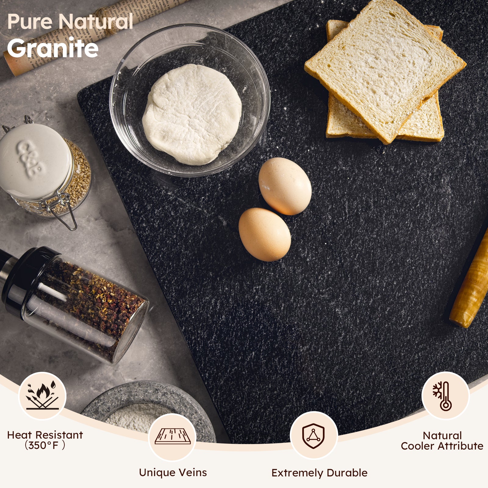 Diflart Natural Black Granite Cutting Board for Kitchen 16x20 Inch,with Non-Slip Feet, Large Stone Pastry Slab for Baking