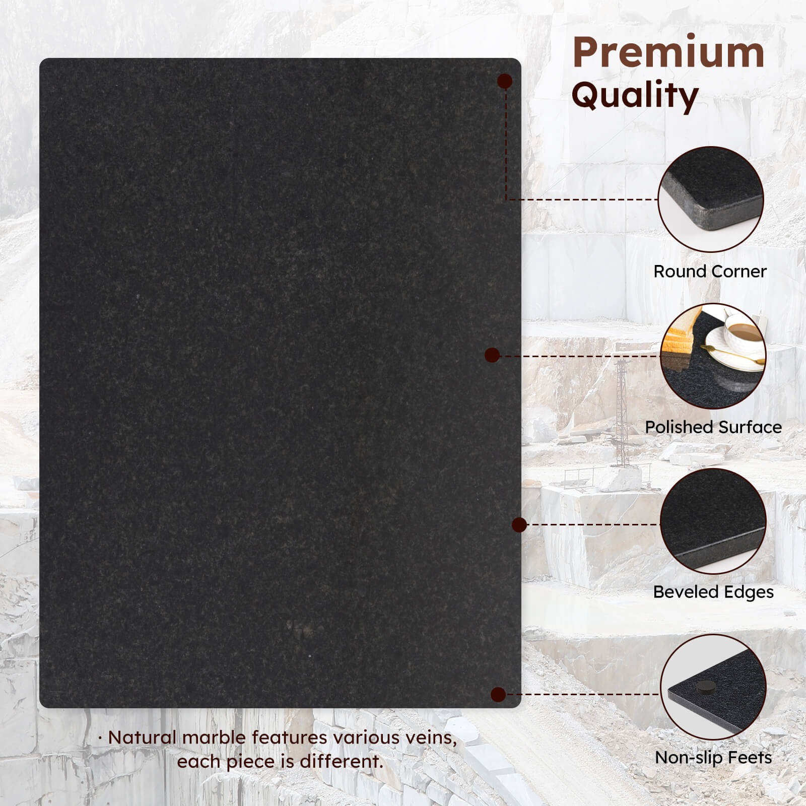 Diflart Natural Black Granite Cutting Board for Kitchen 16x20 Inch,with Non-Slip Feet, Large Stone Pastry Slab for Baking