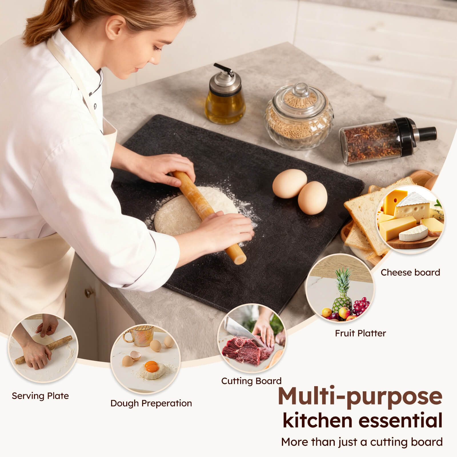 Diflart Natural Black Granite Cutting Board for Kitchen 16x20 Inch,with Non-Slip Feet, Large Stone Pastry Slab for Baking