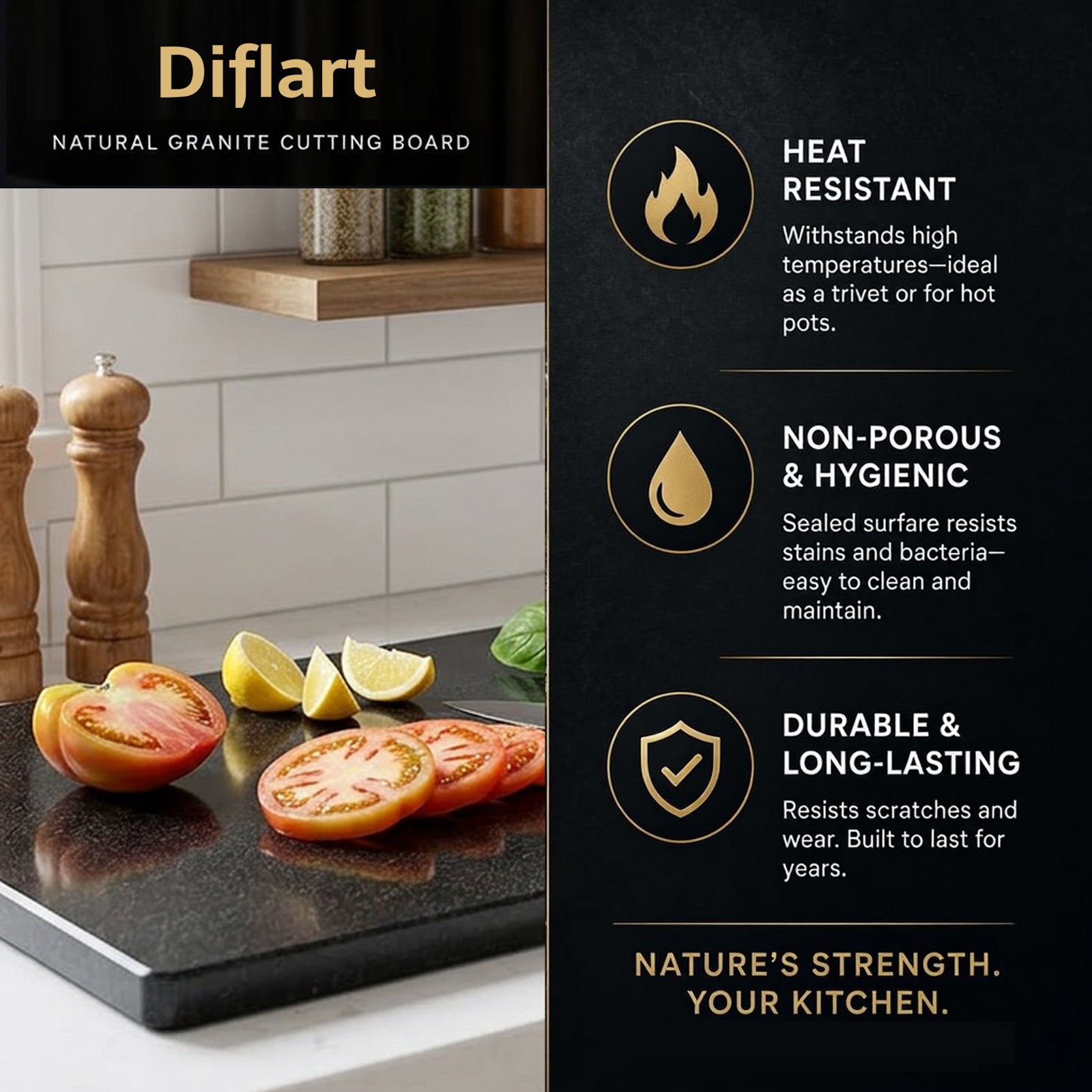 Diflart Natural Black Granite Cutting Board for Kitchen 16x20 Inch,with Non-Slip Feet, Large Stone Pastry Slab for Baking