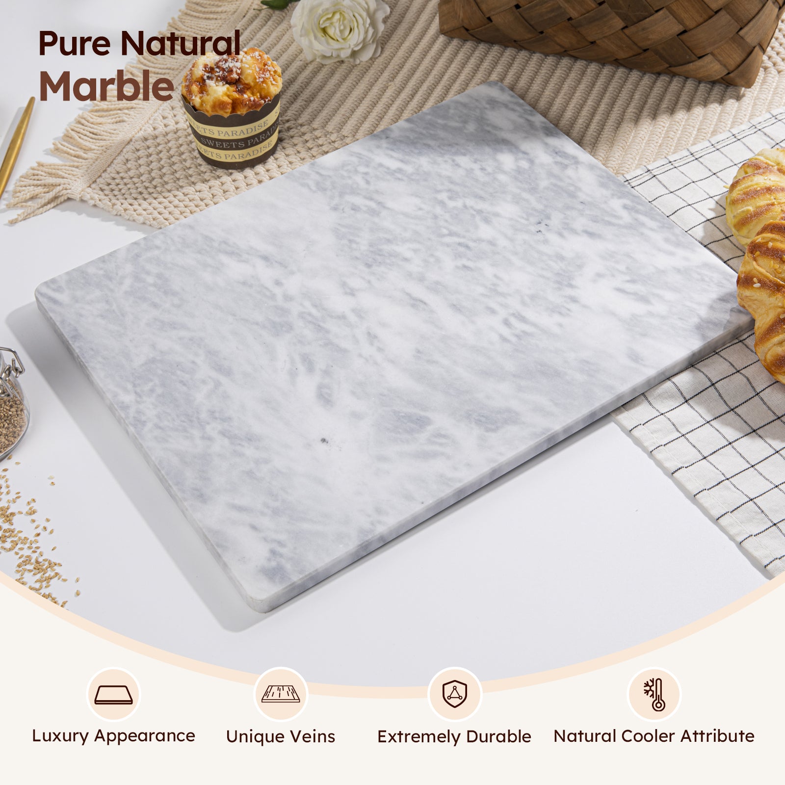 Diflart Natura Marble Stone Pastry Board for Kitchen, 16x20 Inch, Gray with White Veins, Marble Cutting Board Large with Non-Slip Feet for Keep the Dough Cool and Chocolate Tempering, Pack of 1 Pcs