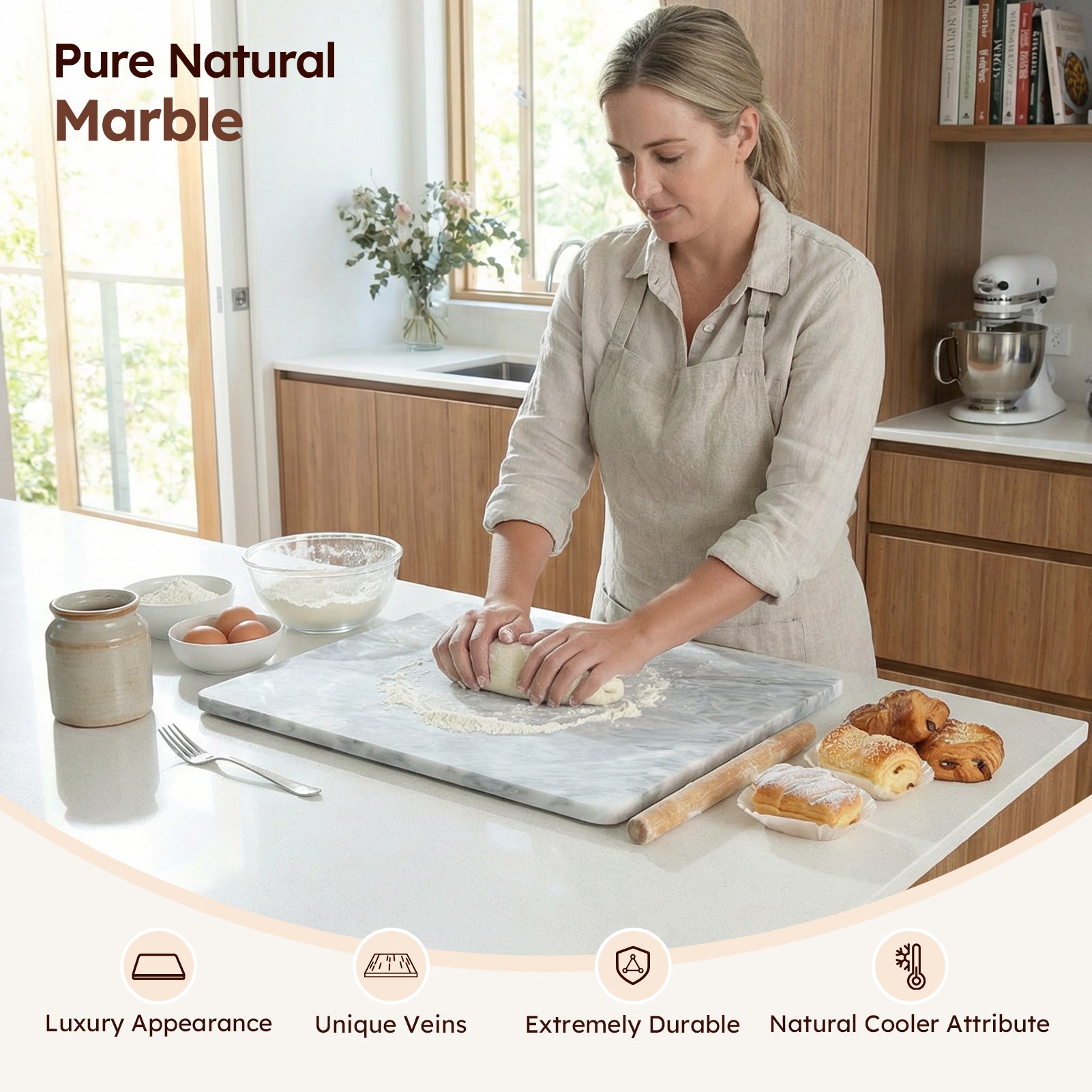 Diflart Natura Marble Stone Pastry Board for Kitchen, 16x20 Inch, Gray with White Veins, Marble Cutting Board Large with Non-Slip Feet for Keep the Dough Cool and Chocolate Tempering, Pack of 1 Pcs