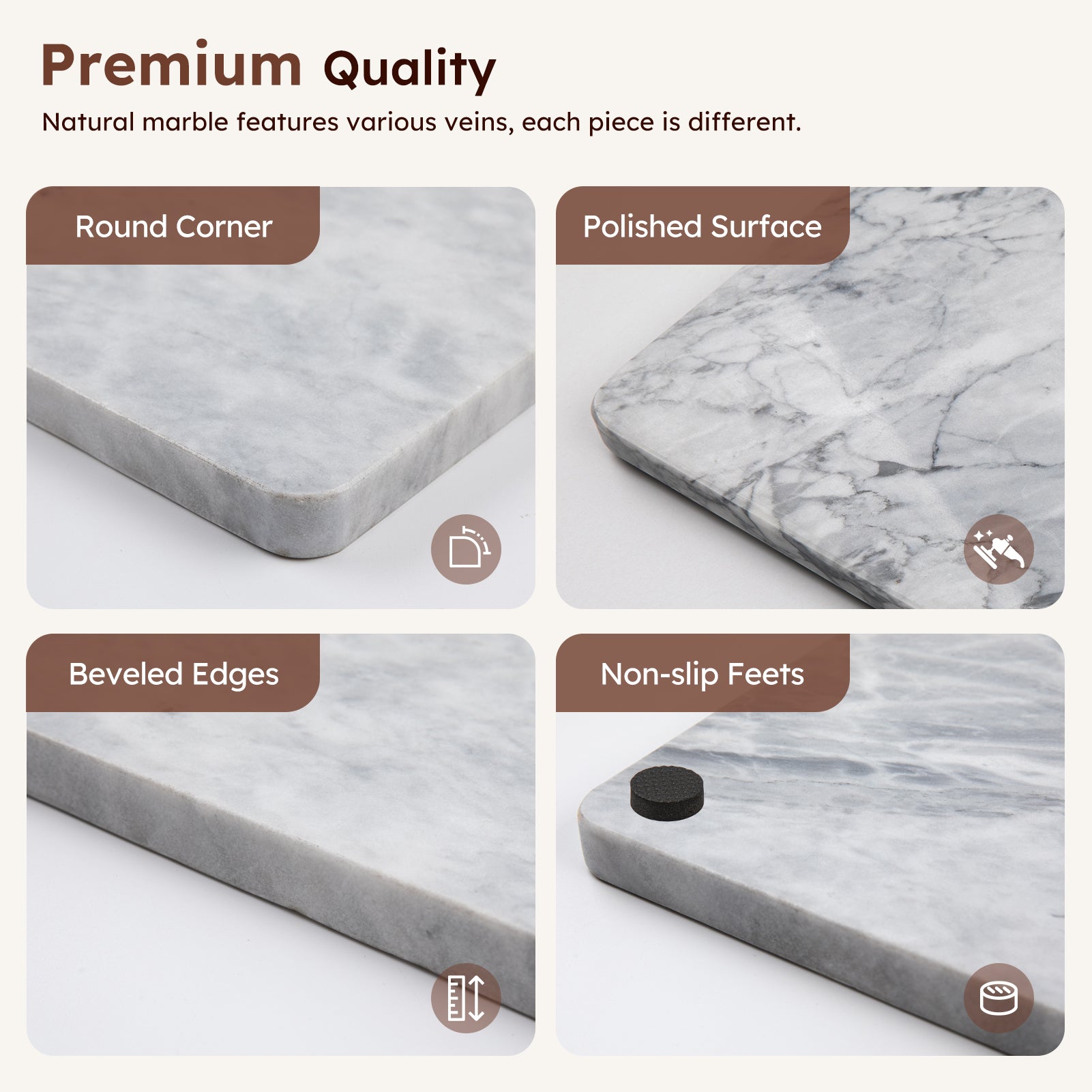 Diflart Natura Marble Stone Pastry Board for Kitchen, 16x20 Inch, Gray with White Veins, Marble Cutting Board Large with Non-Slip Feet for Keep the Dough Cool and Chocolate Tempering, Pack of 1 Pcs