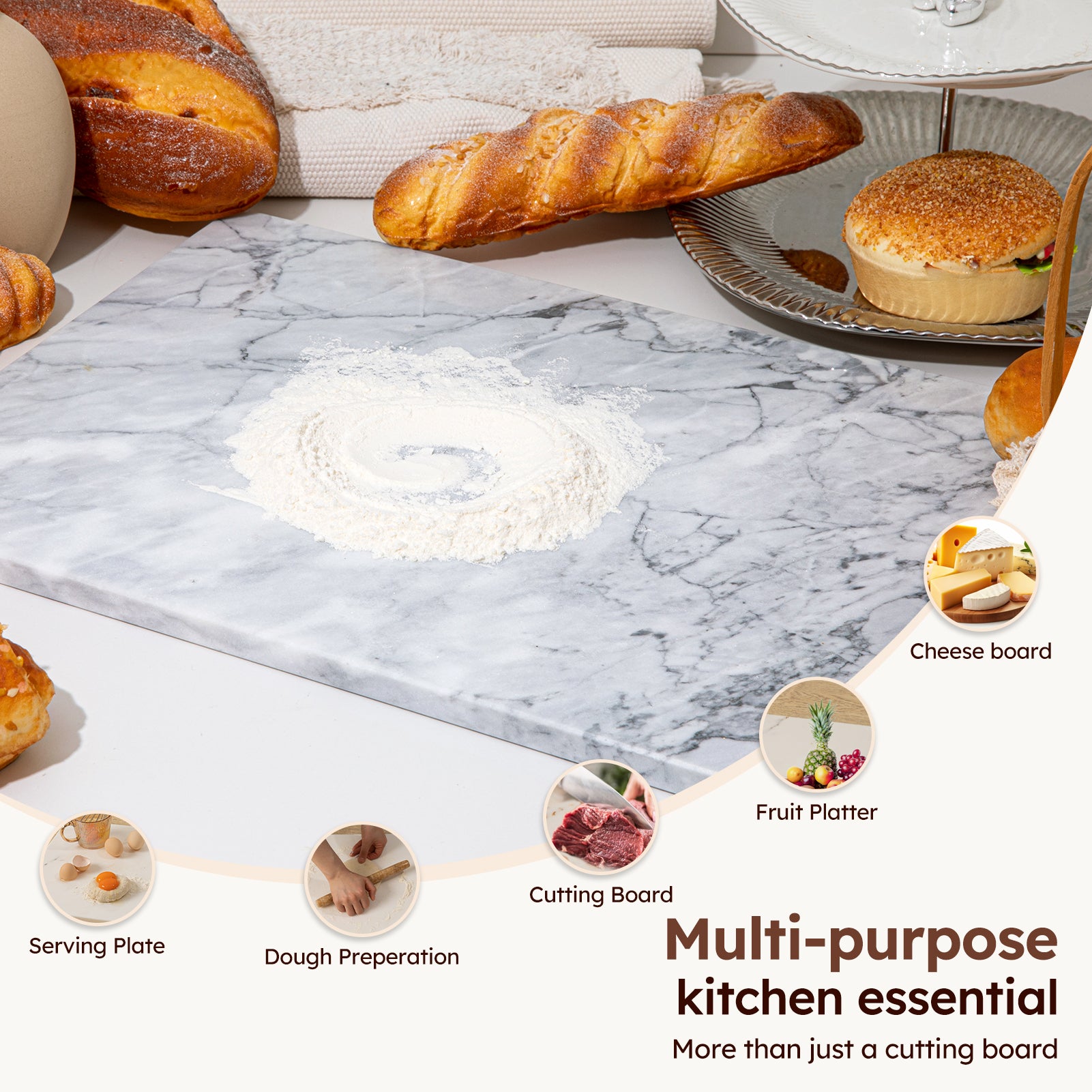 Diflart Natura Marble Stone Pastry Board for Kitchen, 16x20 Inch, Gray with White Veins, Marble Cutting Board Large with Non-Slip Feet for Keep the Dough Cool and Chocolate Tempering, Pack of 1 Pcs