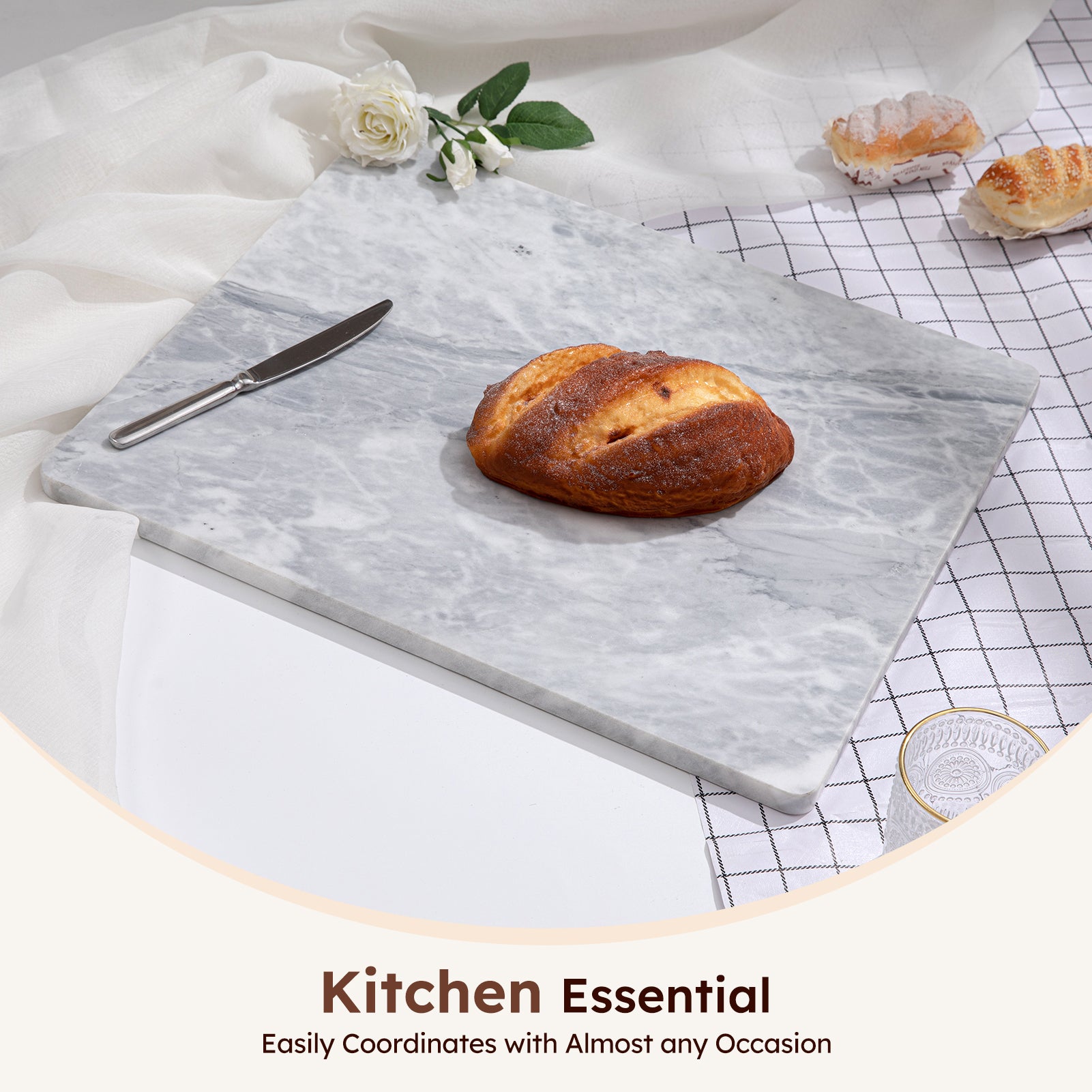 Diflart Natura Marble Stone Pastry Board for Kitchen, 16x20 Inch, Gray with White Veins, Marble Cutting Board Large with Non-Slip Feet for Keep the Dough Cool and Chocolate Tempering, Pack of 1 Pcs